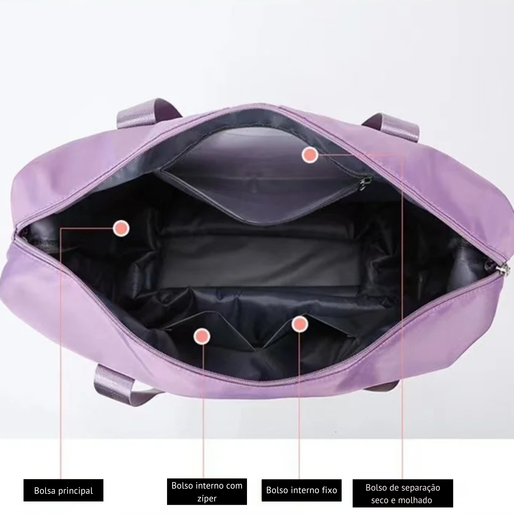 Bolsa de viagem feminina expansível cor rosa clara vista traseira