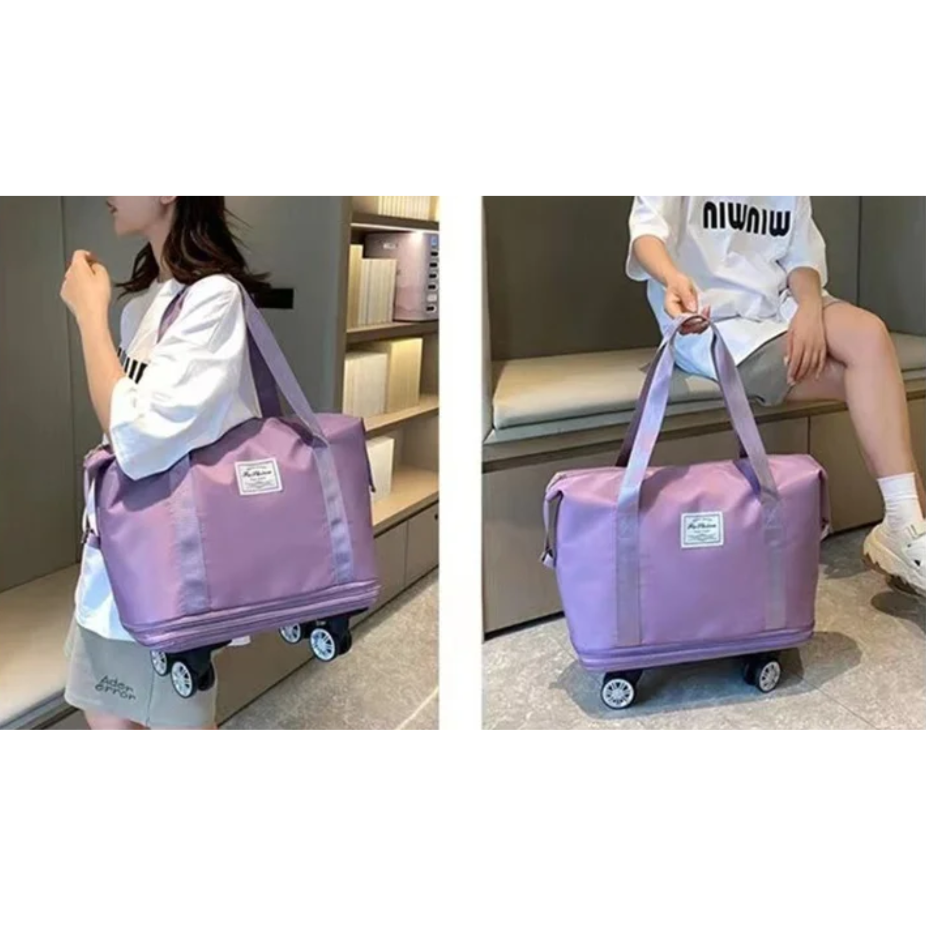 Bolsa feminina roxo claro expansível mostrando zíper de expansão de capacidade