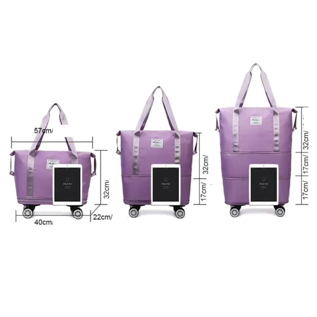 Interior organizado da bolsa de viagem feminina roxo claro expansível com compartimentos