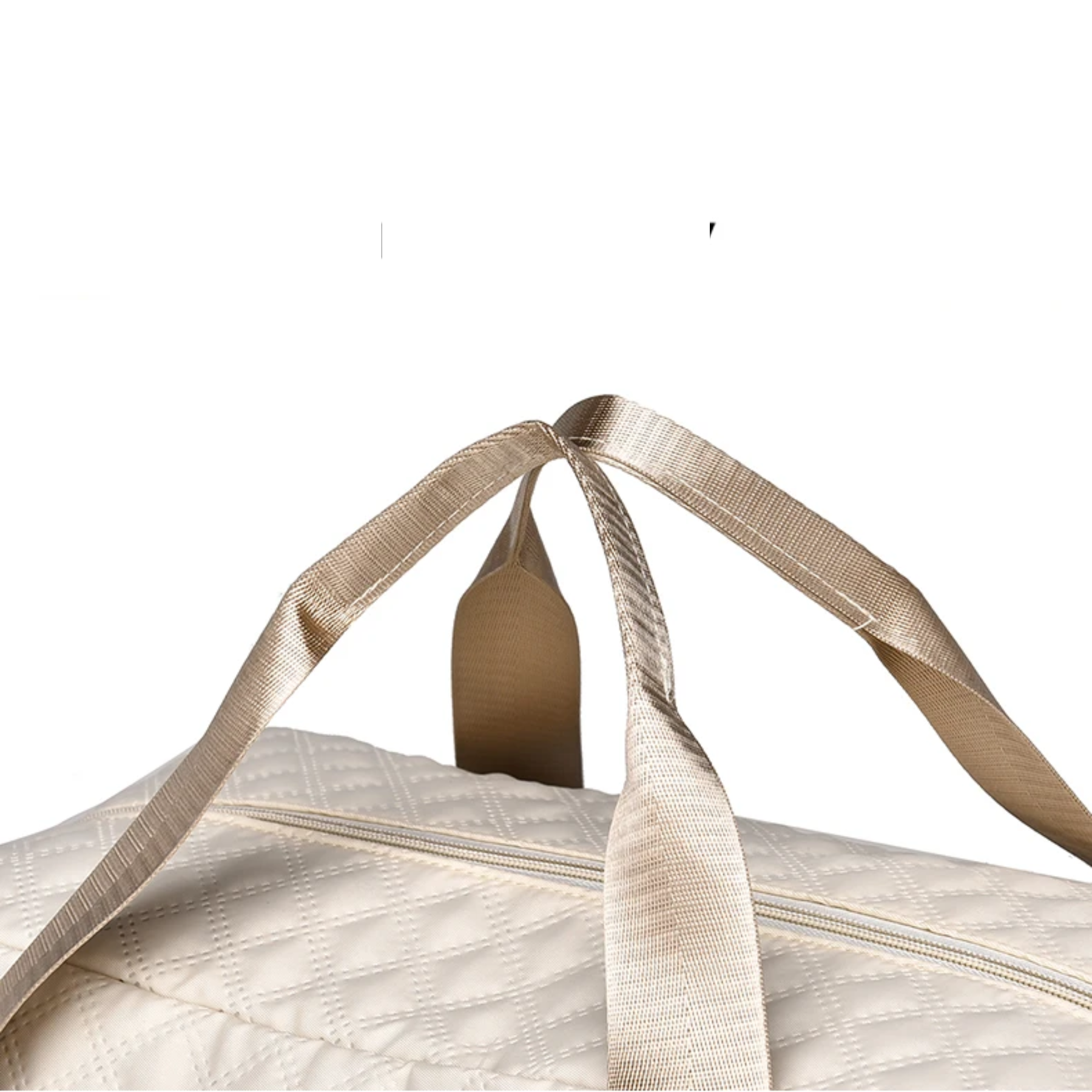 Bolsa de viagem feminina bege vista de costas com alças reforçadas.