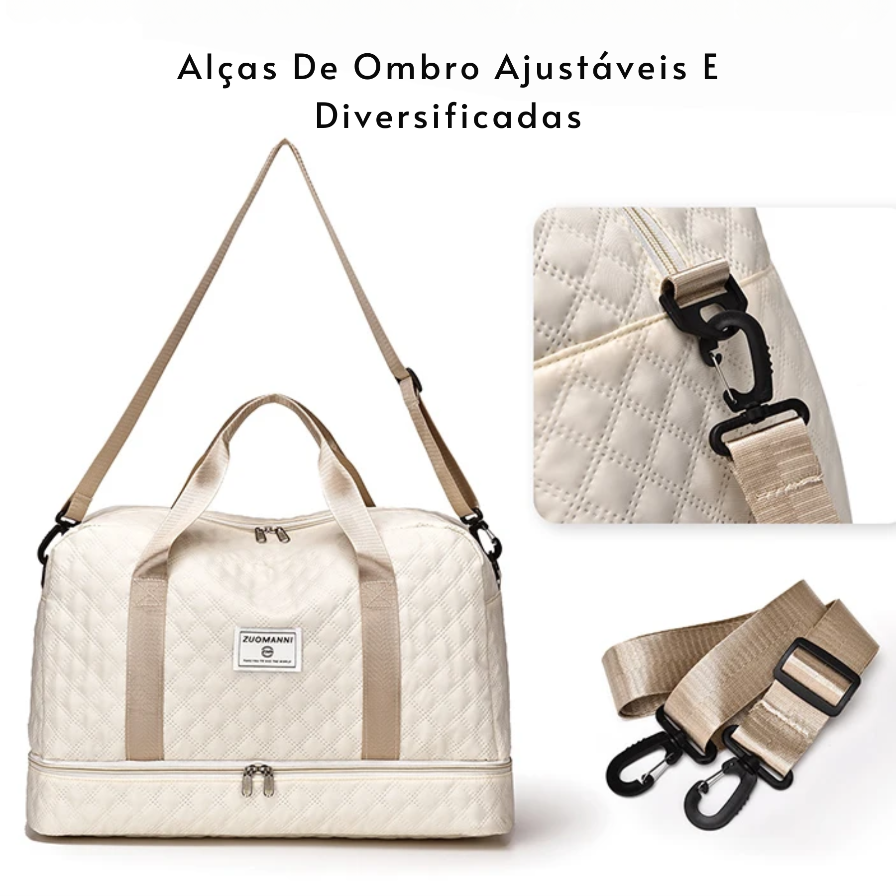 Bolsa feminina de viagem FitCap bege vista lateral.