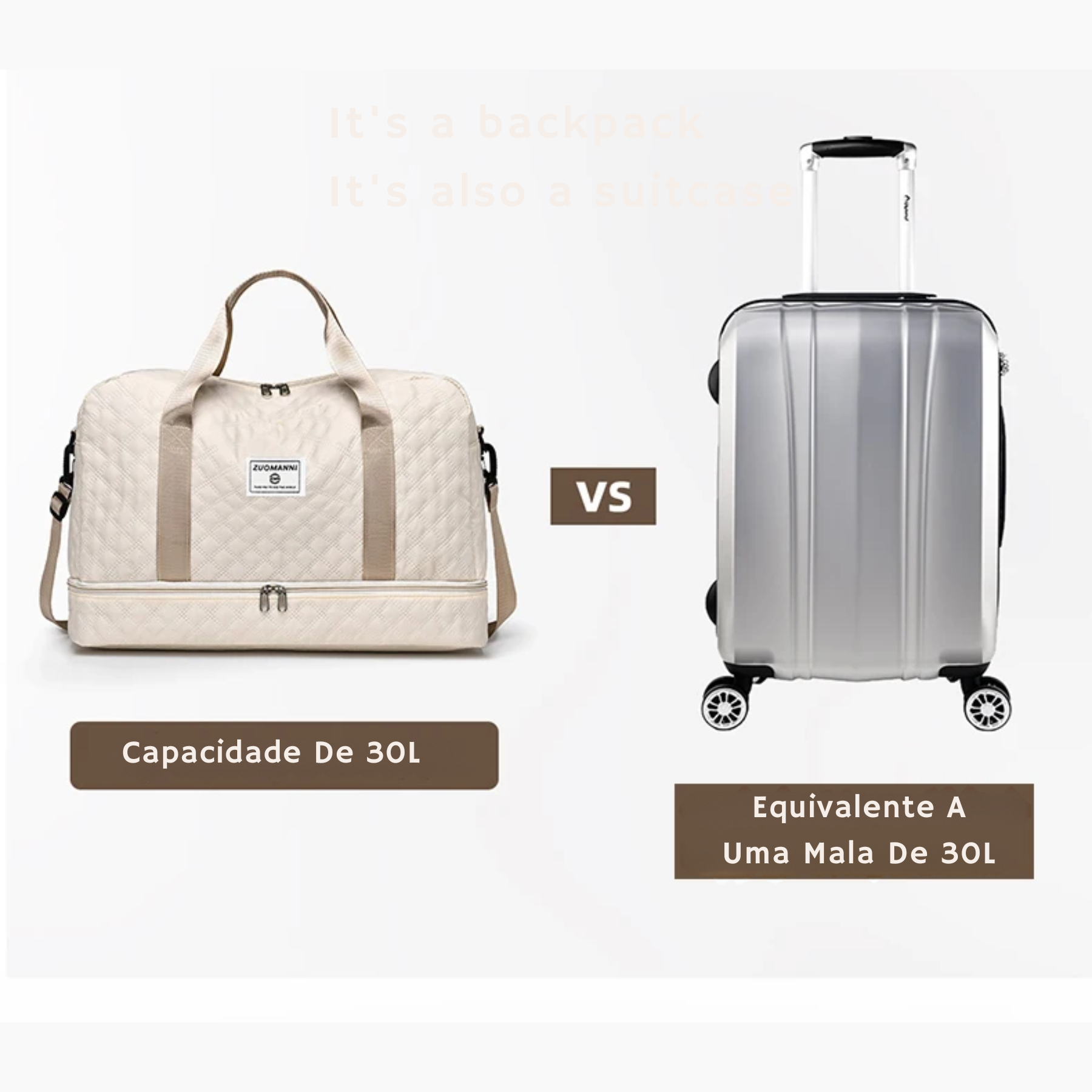 Detalhe do zíper reforçado da bolsa de viagem feminina FitCap bege.