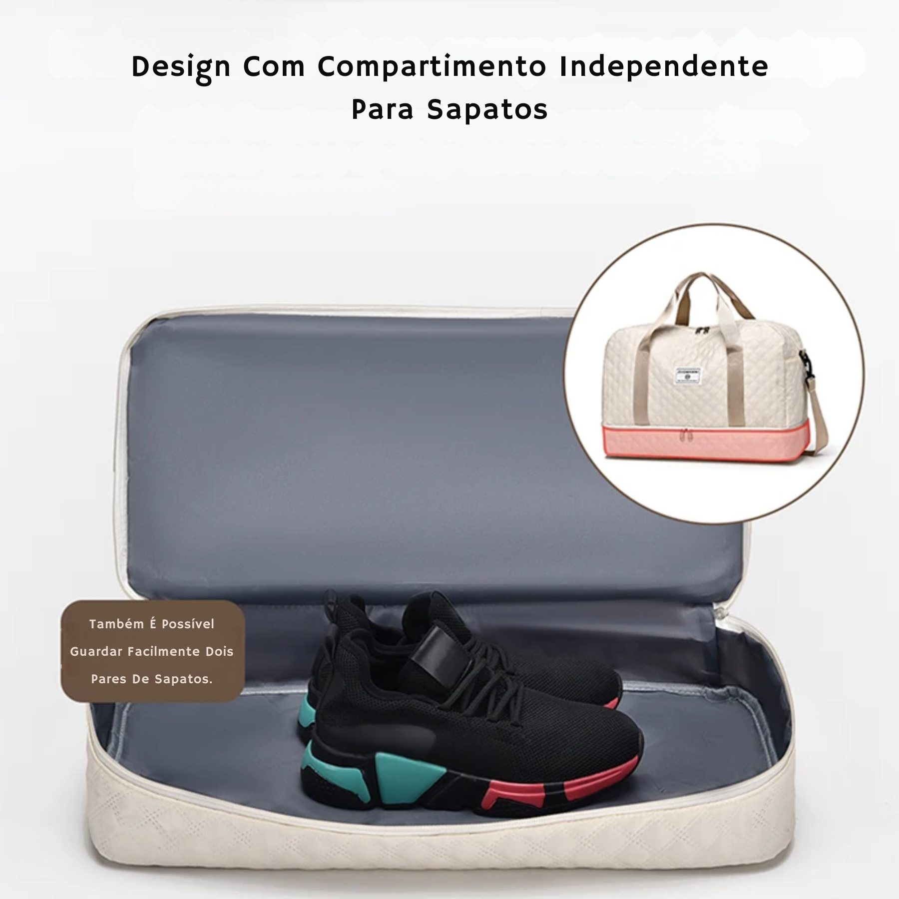 Compartimento inferior exclusivo da bolsa FitCap bege para sapatos.