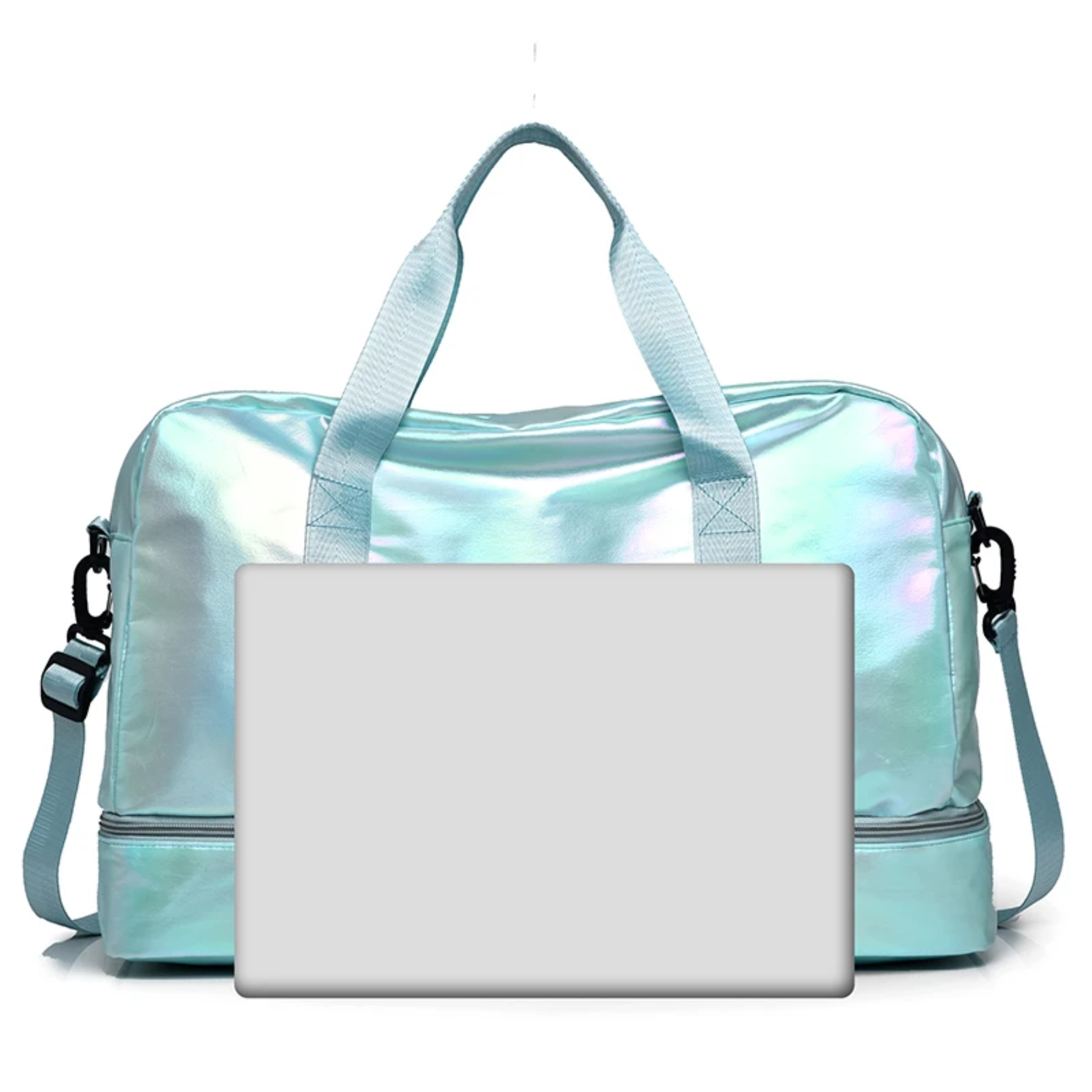 Espaço interno amplo da bolsa feminina AOTTLA azul com roupas organizadas