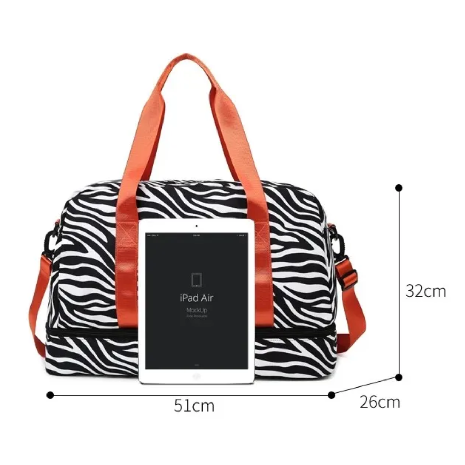 Bolsa feminina de mão estampa zebra, ideal como mala de bordo em viagens de avião.