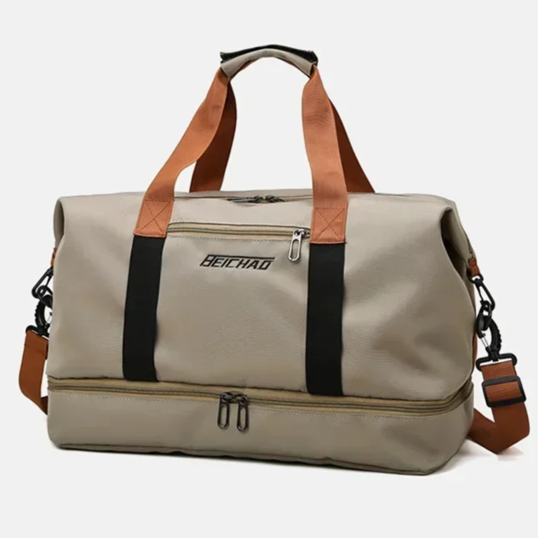 Detalhe do tecido Oxford impermeável da bolsa feminina UltraPack bege