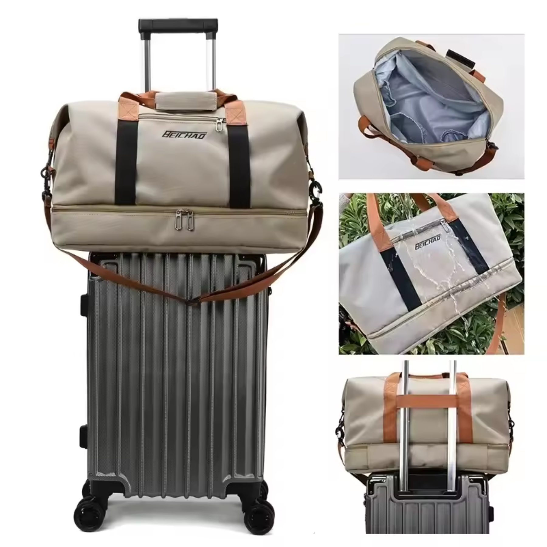 Espaço interno amplo da bolsa feminina bege UltraPack para roupas e acessórios