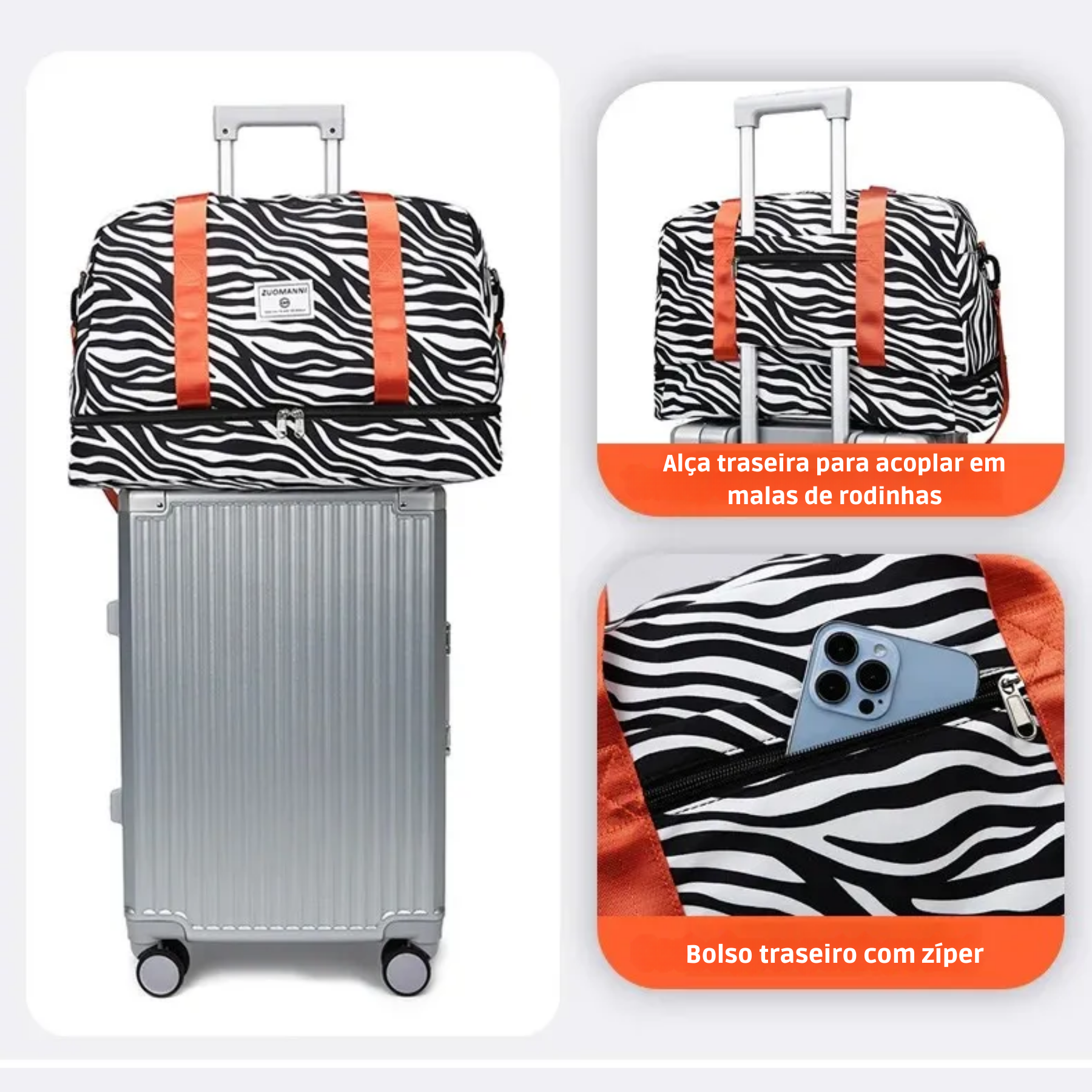 Bolsa fitness feminina estampa zebra, leve e resistente, perfeita para academia ou passeios casuais.