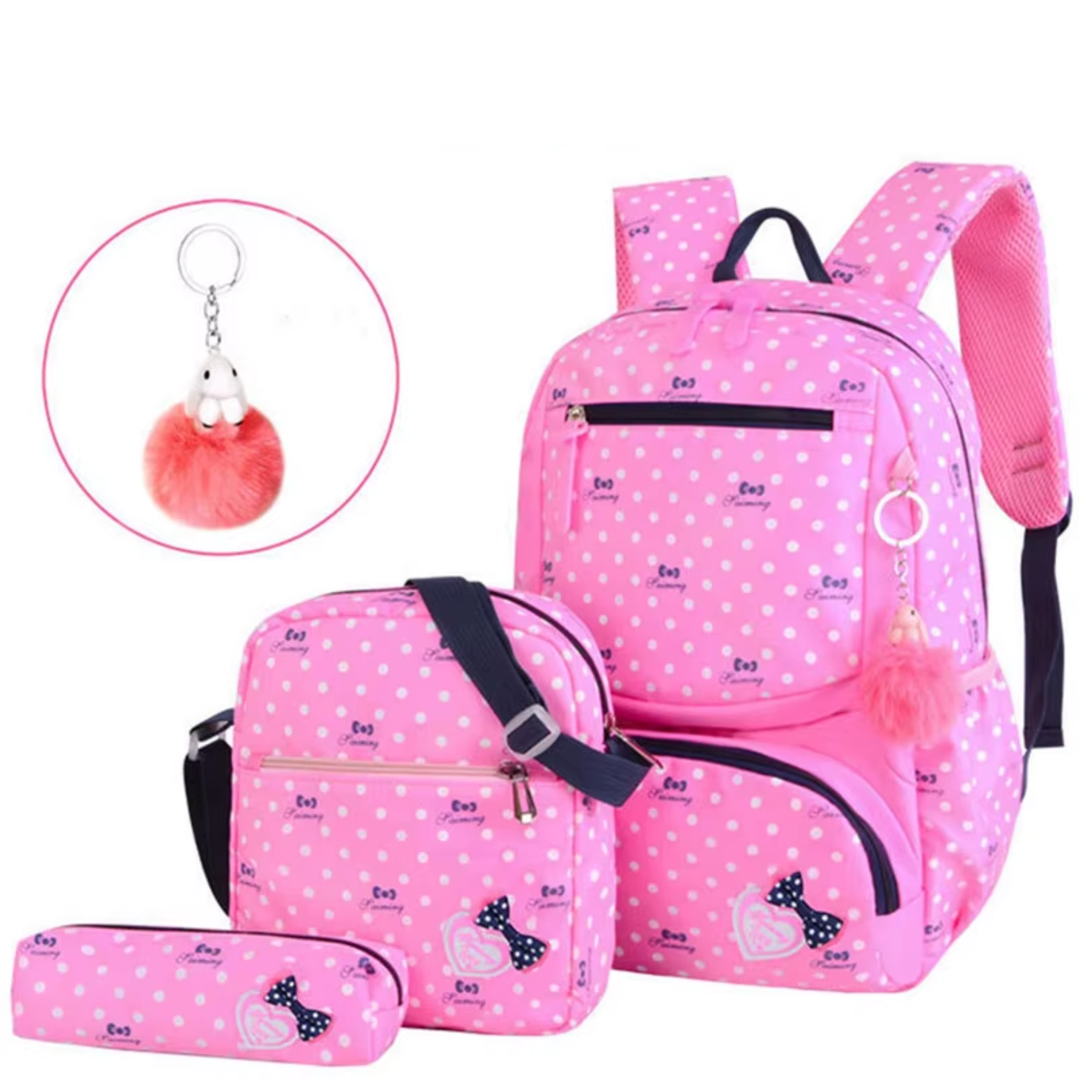 Mochila infantil rosa poá vista lateral com bolsos e zíper para material escolar
