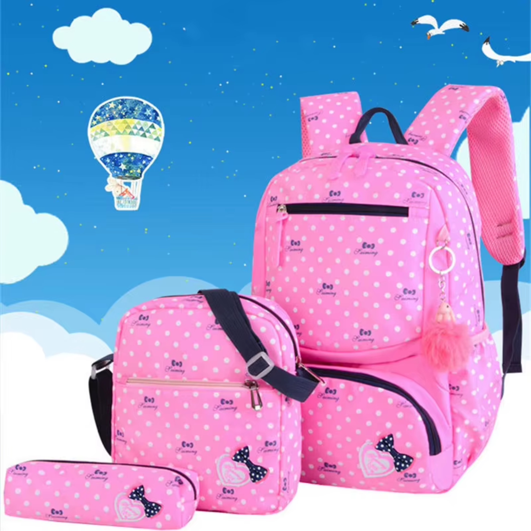Mochila Escolar Feminina CharmingKid Rosa + 2 Bolsas Inclusas – Kit Completo para Estudantes