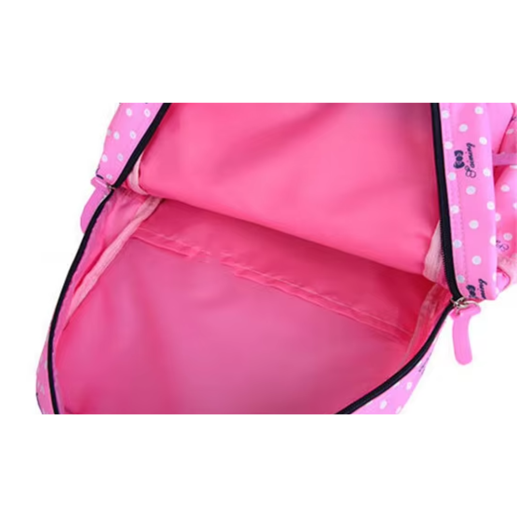 Interior da mochila rosa CharmingKid mostrando compartimento para cadernos e squeeze