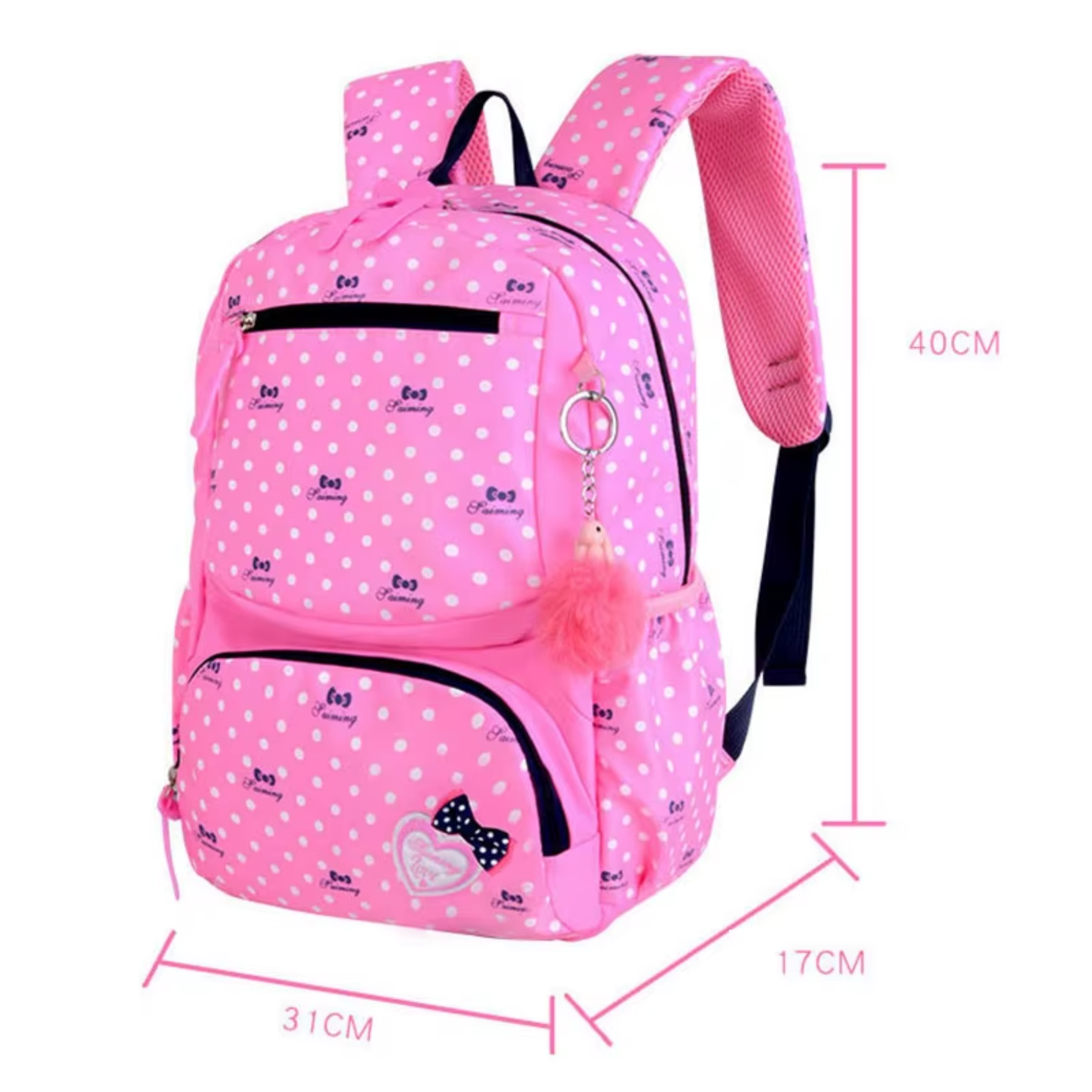 Mochila rosa com cadernos, estojo e garrafinha organizados para rotina escolar