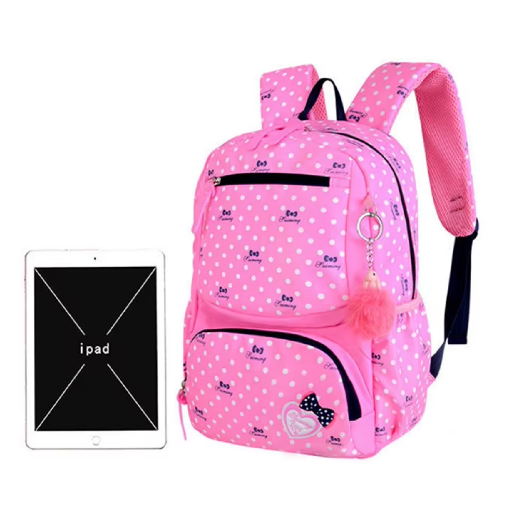 Detalhe da estampa poá rosa da mochila CharmingKid para meninas