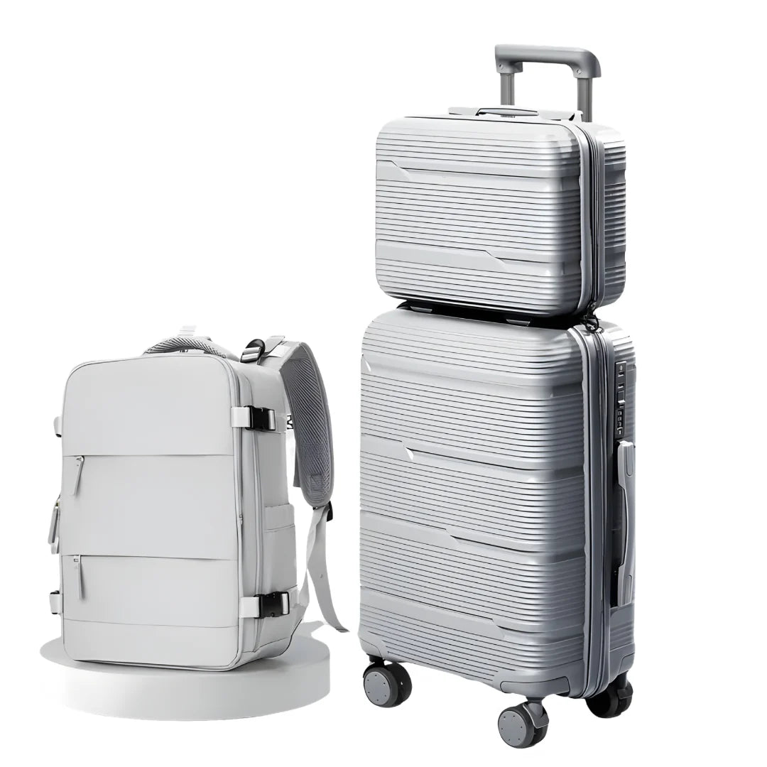 Kit Malas de Viagem TripVault Trio cinza � mala cabine, mochila e necessaire r�gida, vista frontal.