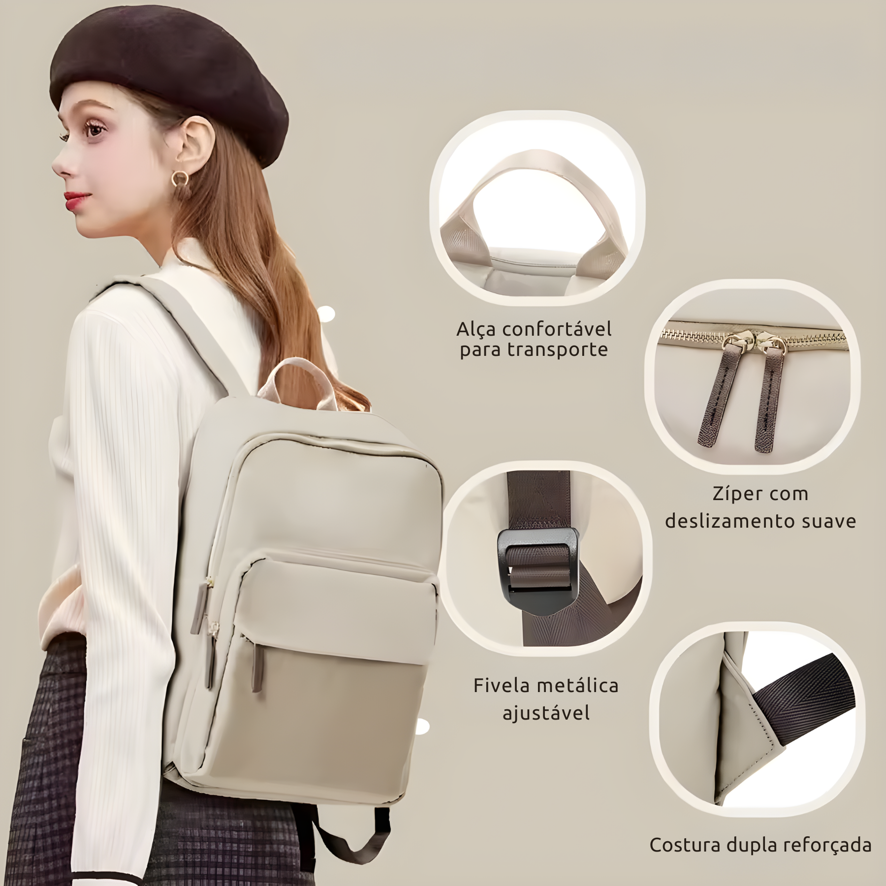 Mochila Escolar Feminina LunaClass 20–35L em Nylon com Compartimento para Notebook
