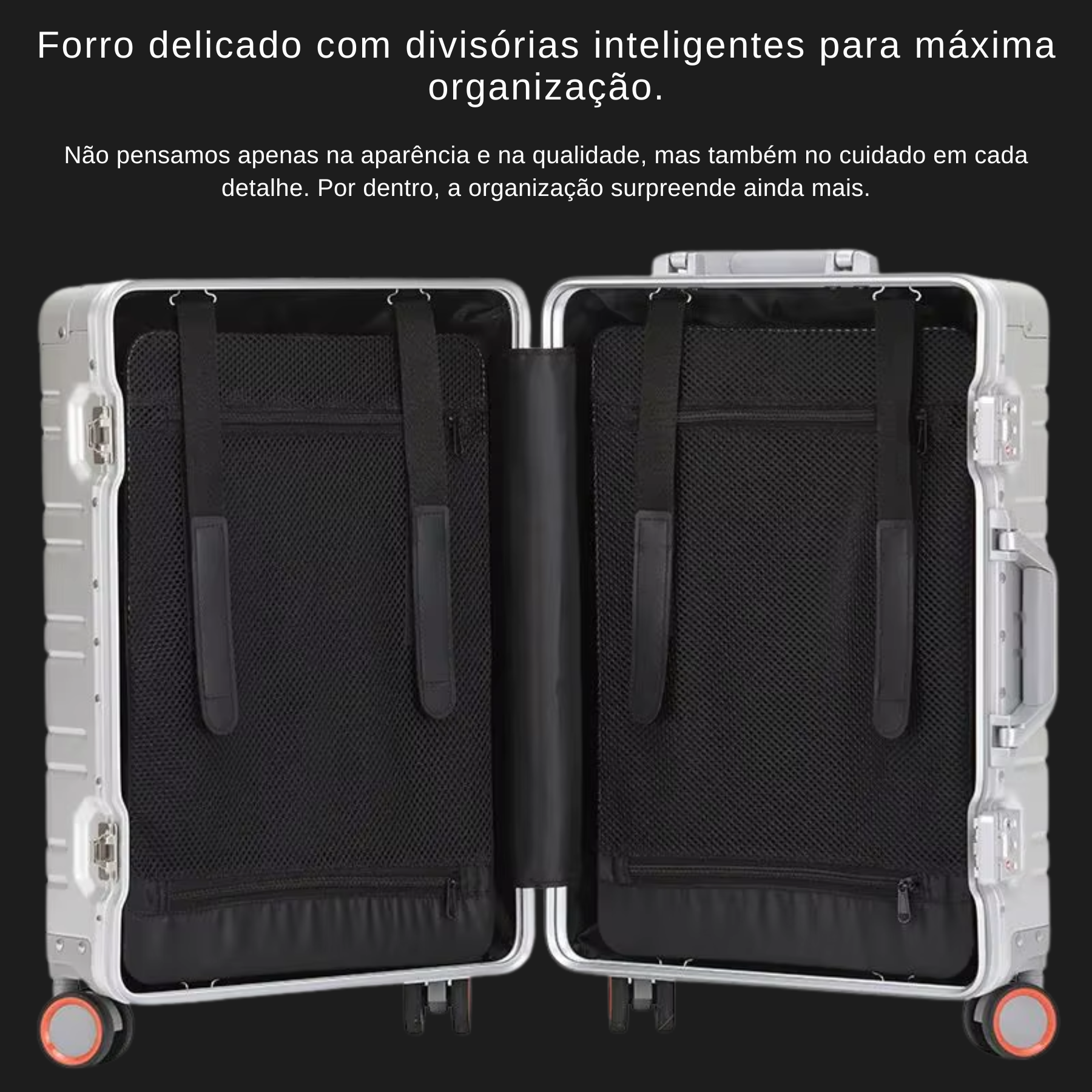 Mala AeroTrek prata com design elegante e acabamento metálico premium