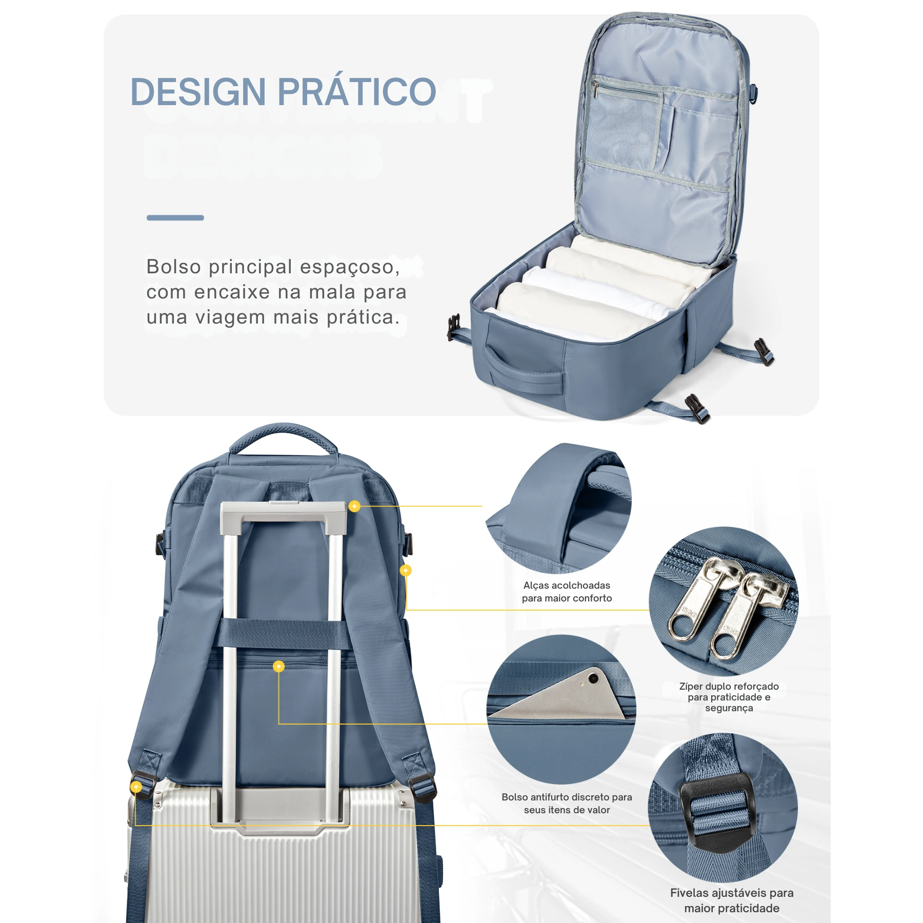 Mochila de viagem feminina azul CabinReady aberta em 180 graus, mostrando organização interna e divisórias inteligentes.