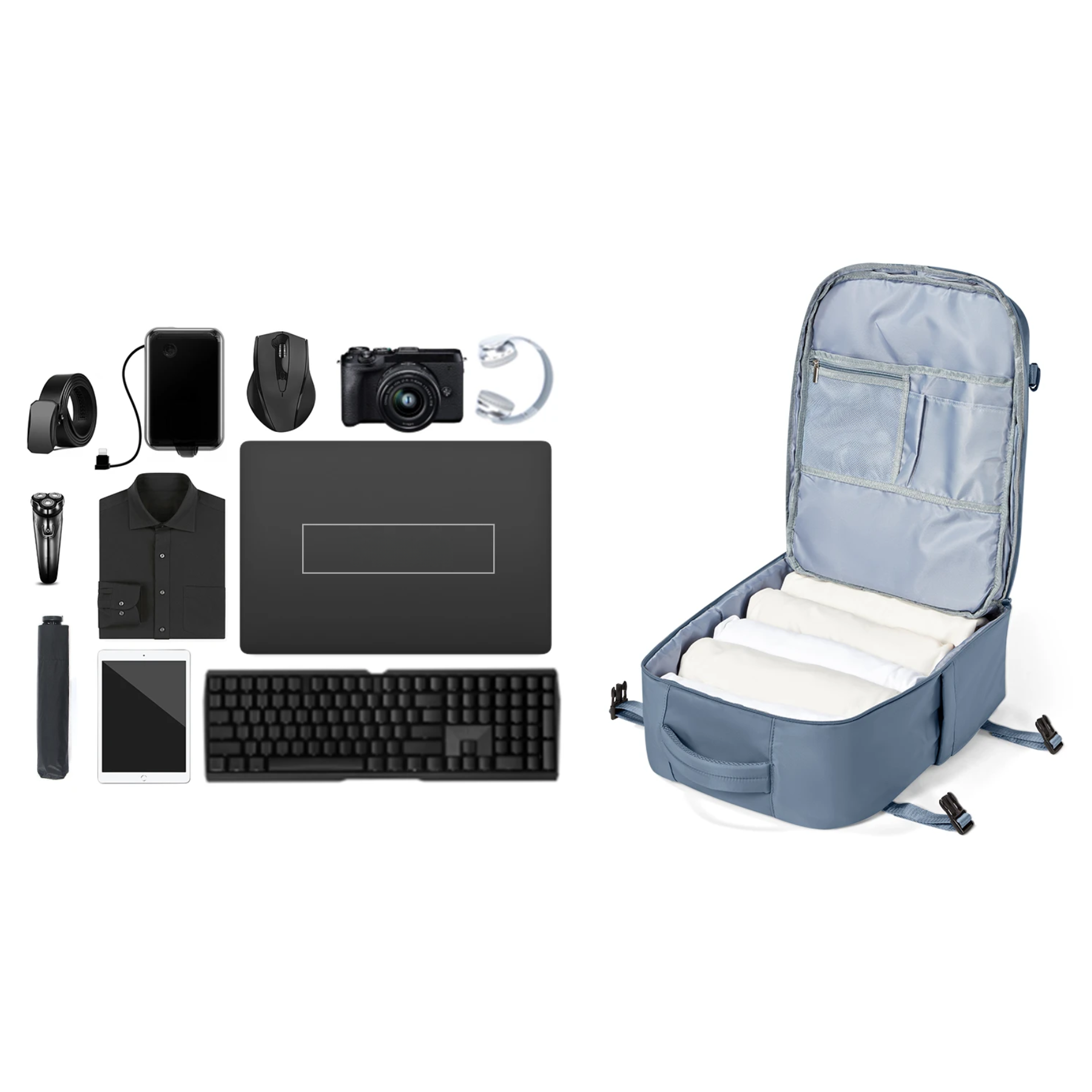 Detalhe das alças acolchoadas e ergonômicas da mochila de viagem feminina azul.