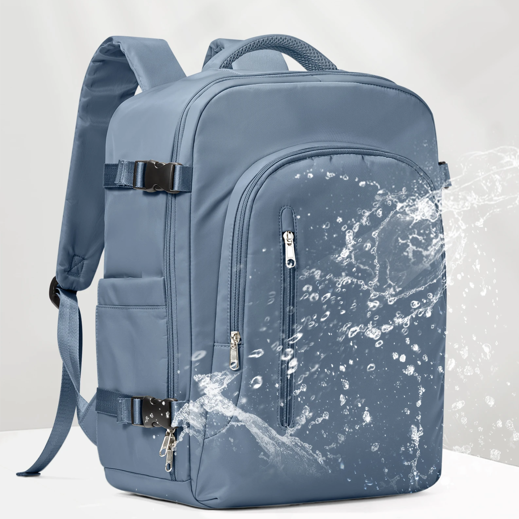 Mochila de viagem feminina azul com compartimento interno para notebook até 15,6 polegadas.