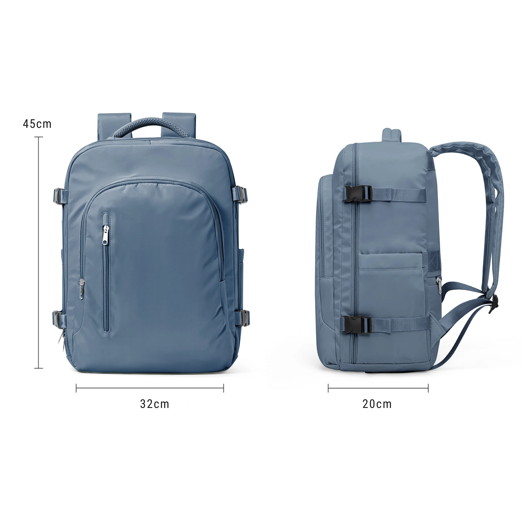 Mochila de viagem feminina azul aberta com roupas organizadas em seu interior espaçoso.