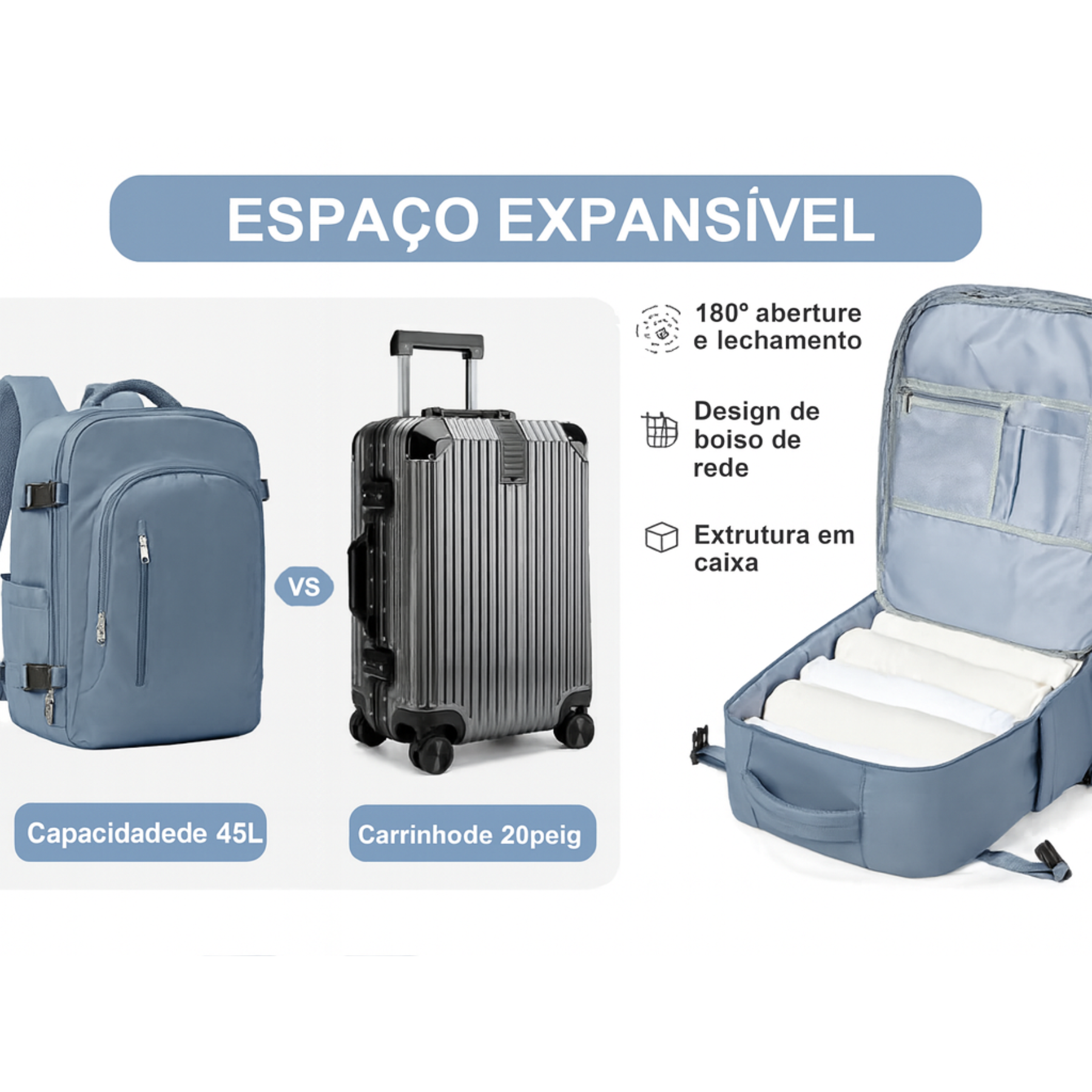 Mochila de viagem feminina azul CabinReady com grande capacidade para roupas e acessórios.