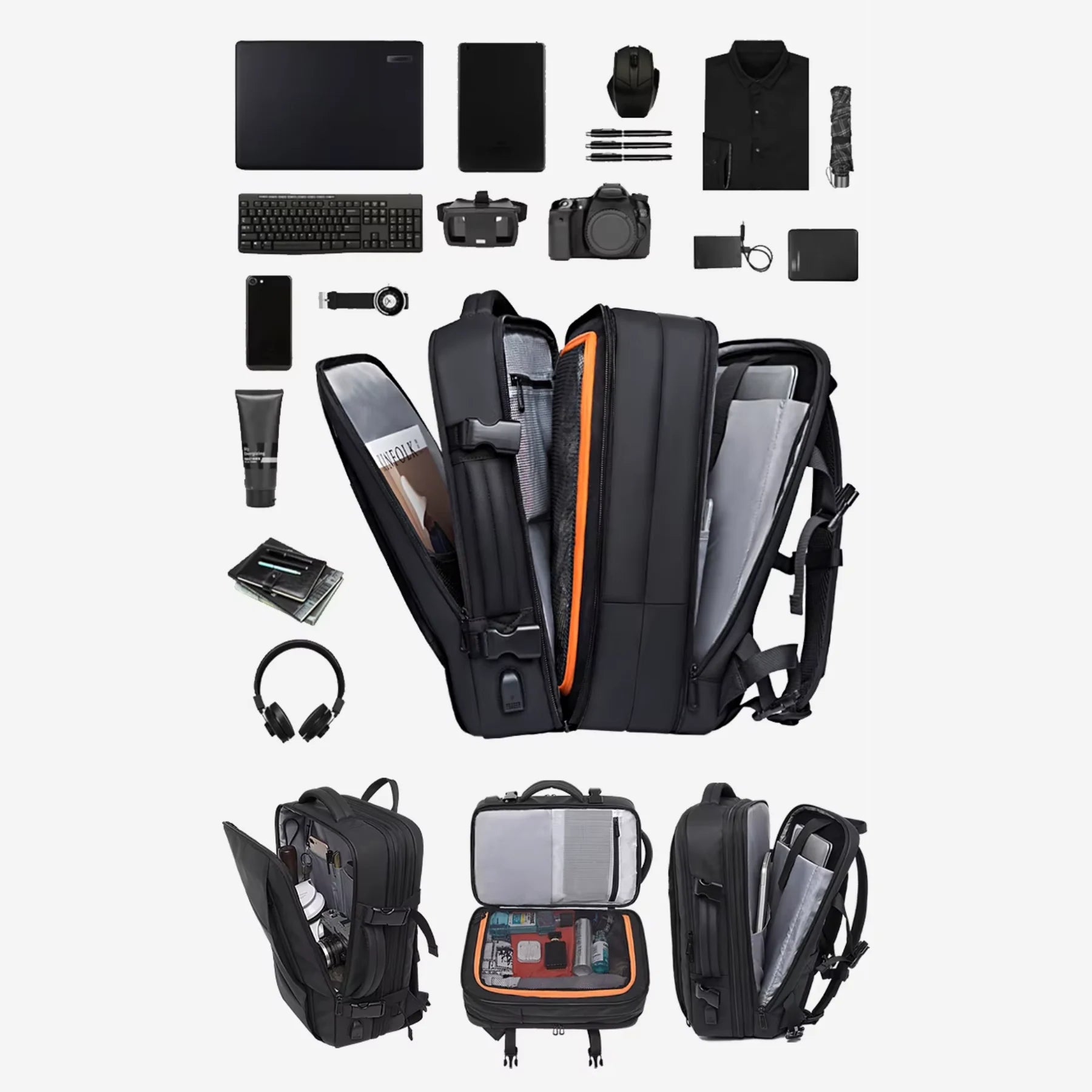 Mochila preta masculina TechVoyager Pro 45L sendo usada em viagem de avião