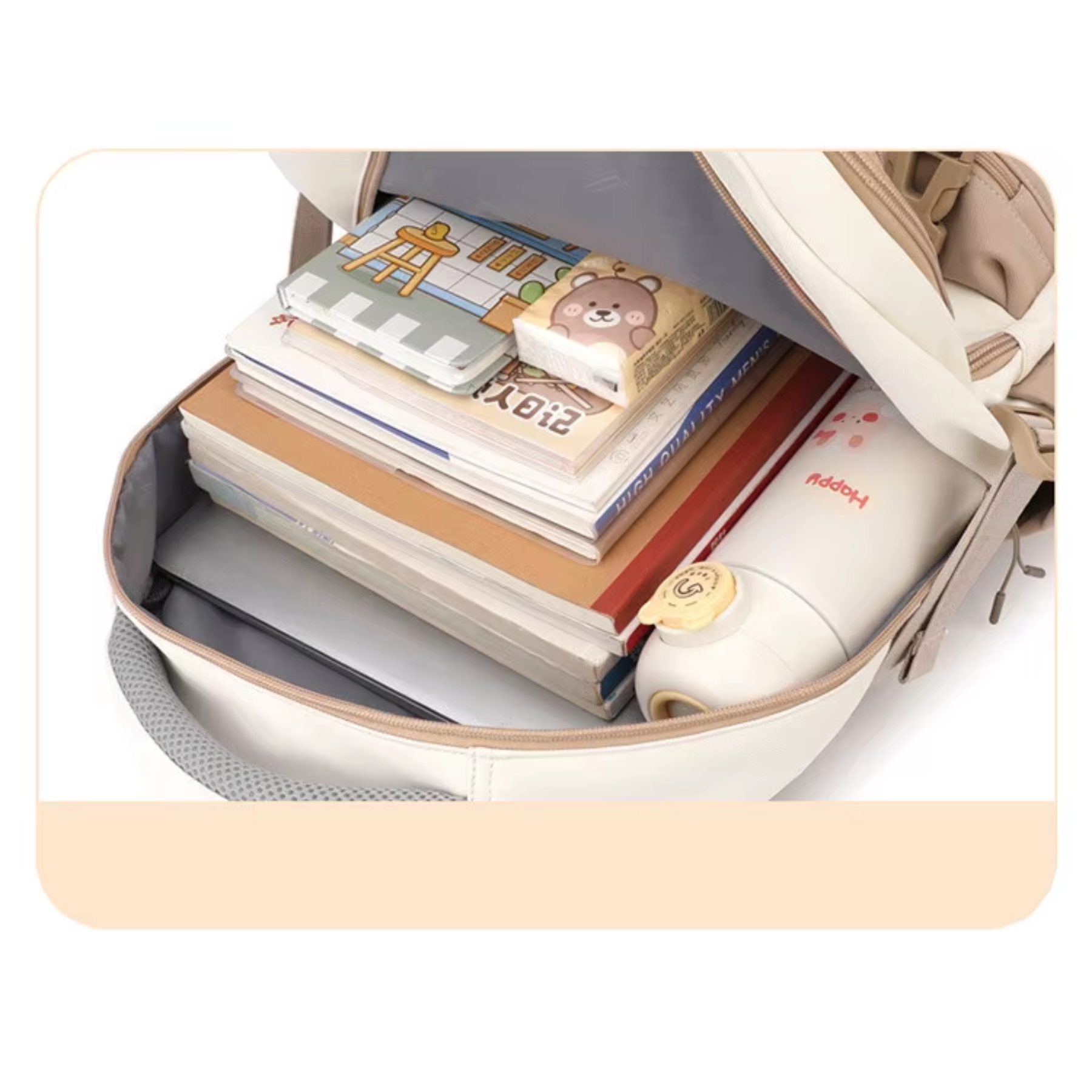 Mochila Escolar Feminina Bege Premium BaijiStar + Mini Bolsa Inclusa