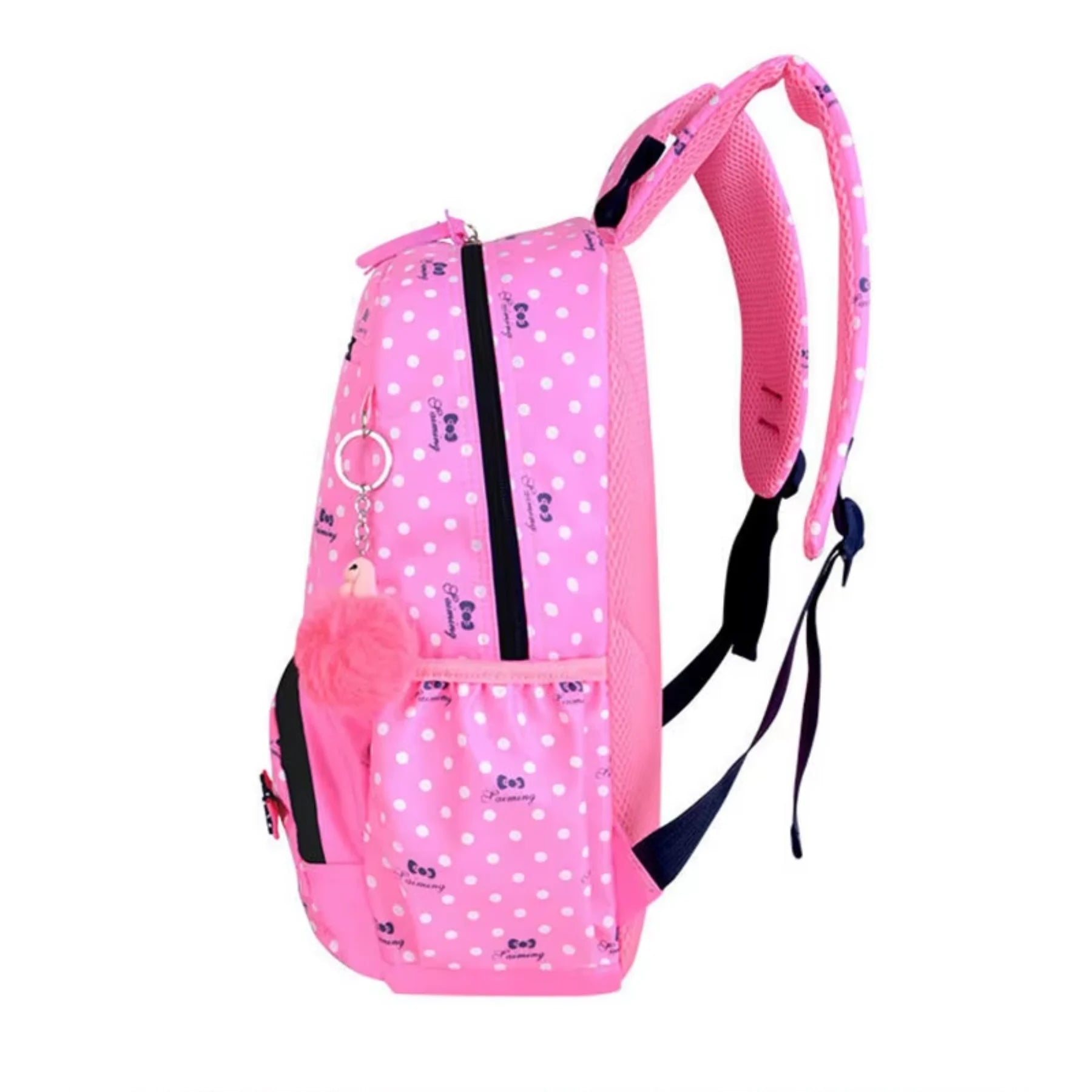 Bolso frontal com z�per da mochila escolar feminina rosa para acesso r�pido