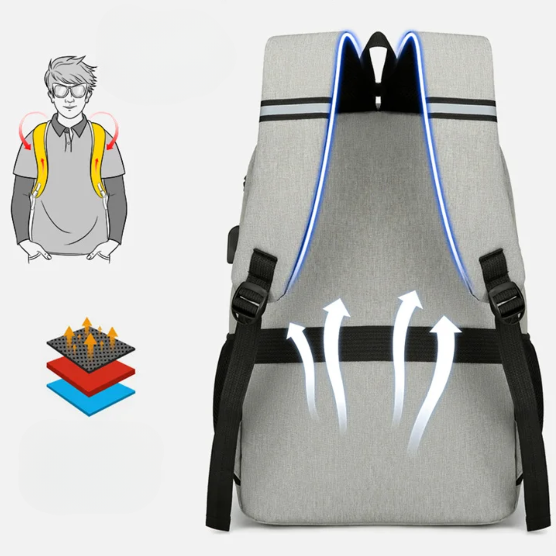 Mochila feminina cinza sobre mesa de estudos com livros e notebook