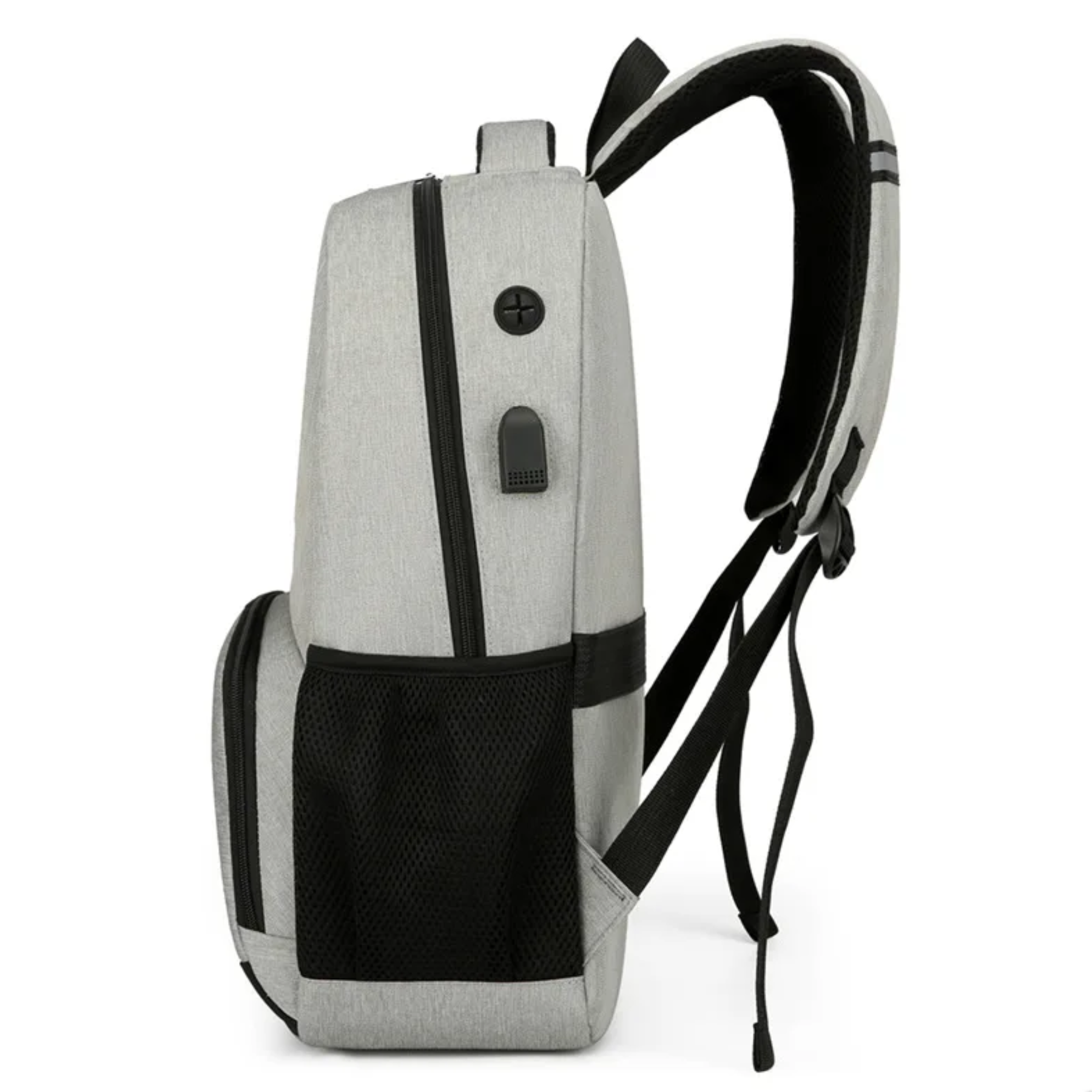 Entrada para fone de ouvido na mochila feminina cinza impermeável