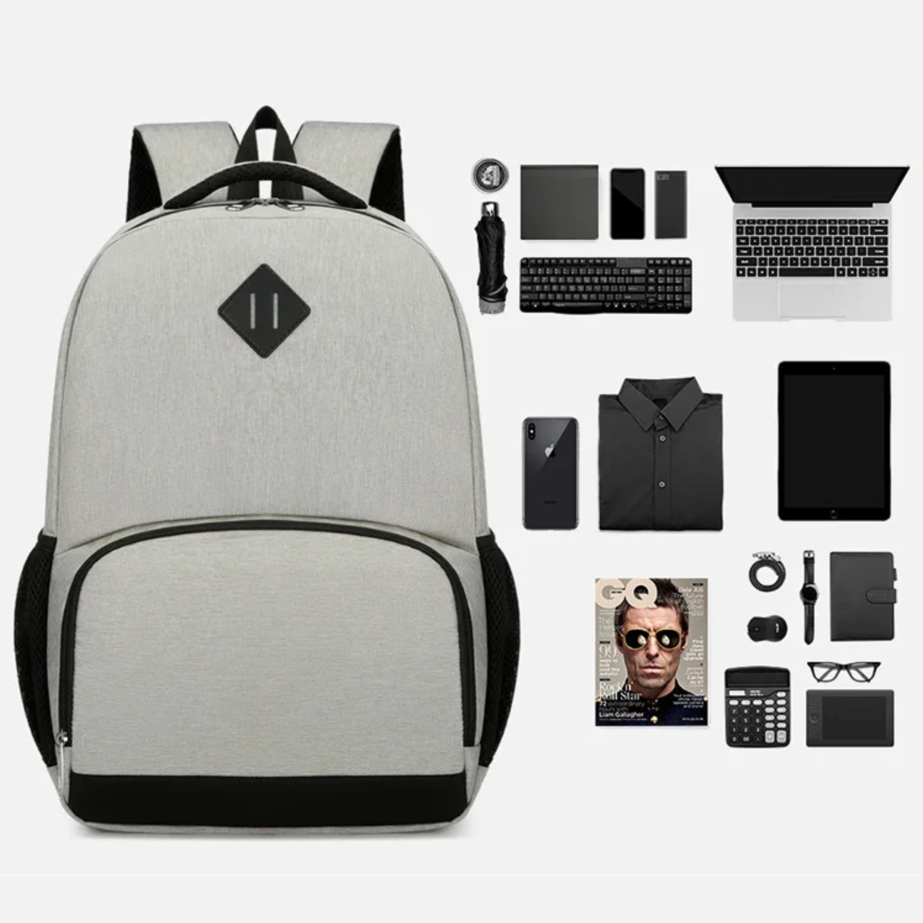 Porta USB externa da mochila feminina cinza para carregar celular