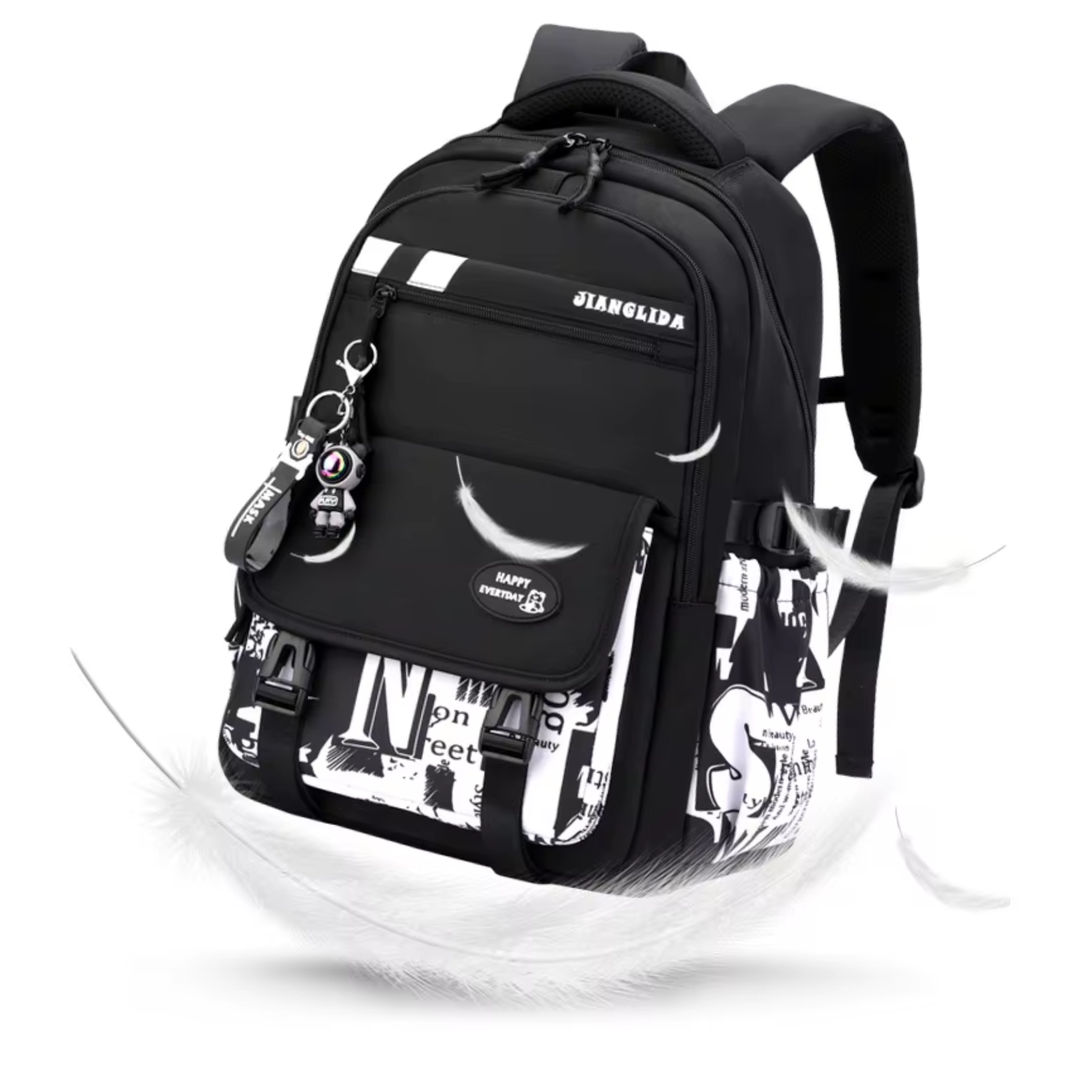 Abertura de 120° da mochila AstroKid facilitando acesso aos cadernos e livros.