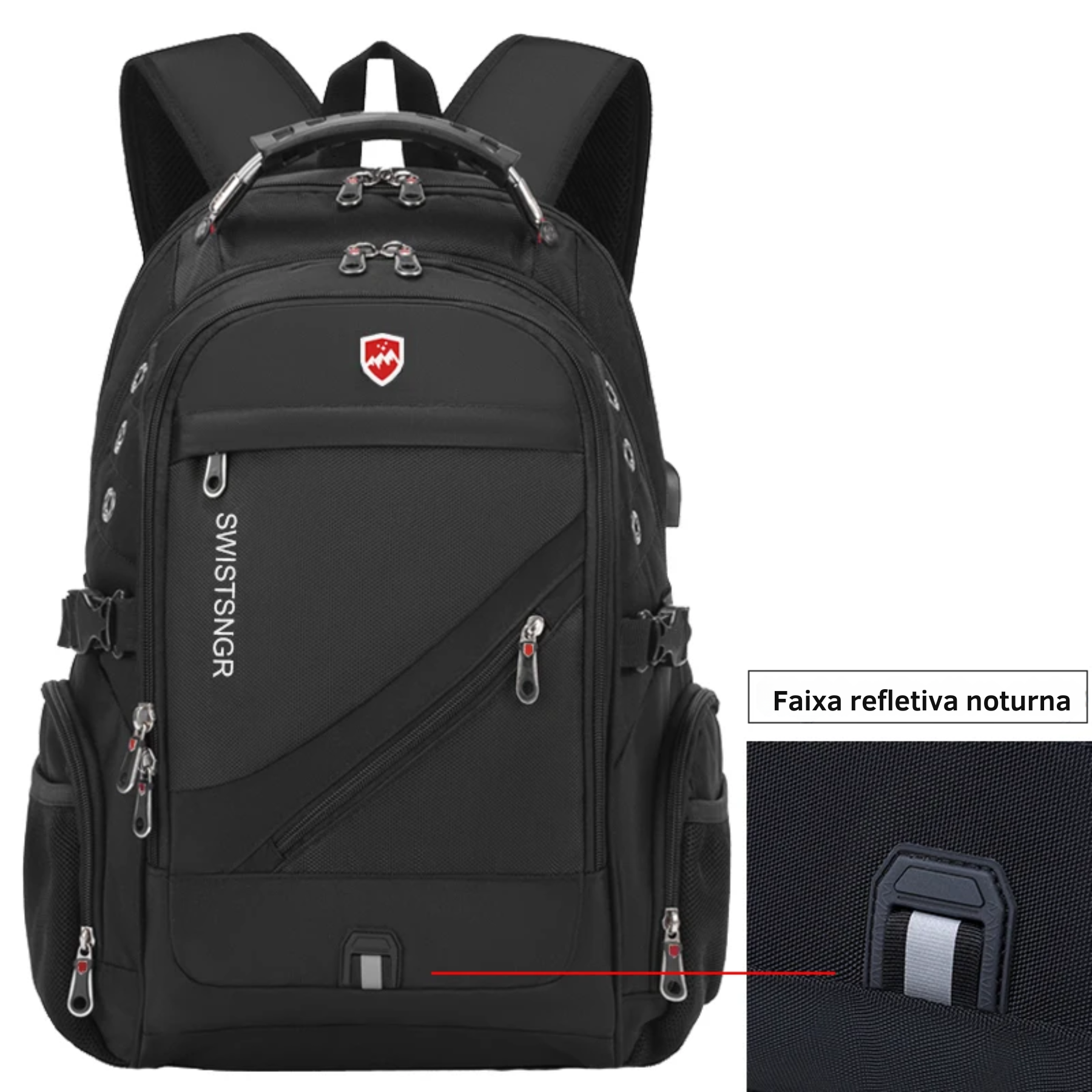 Detalhe do zíper resistente da Mochila Masculina Preta NimbusPack
