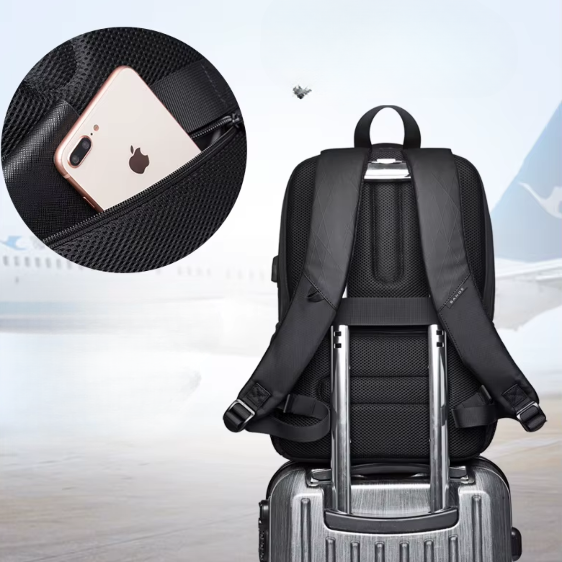 Mochila preta Zonge repelente à água em uso sob chuva leve