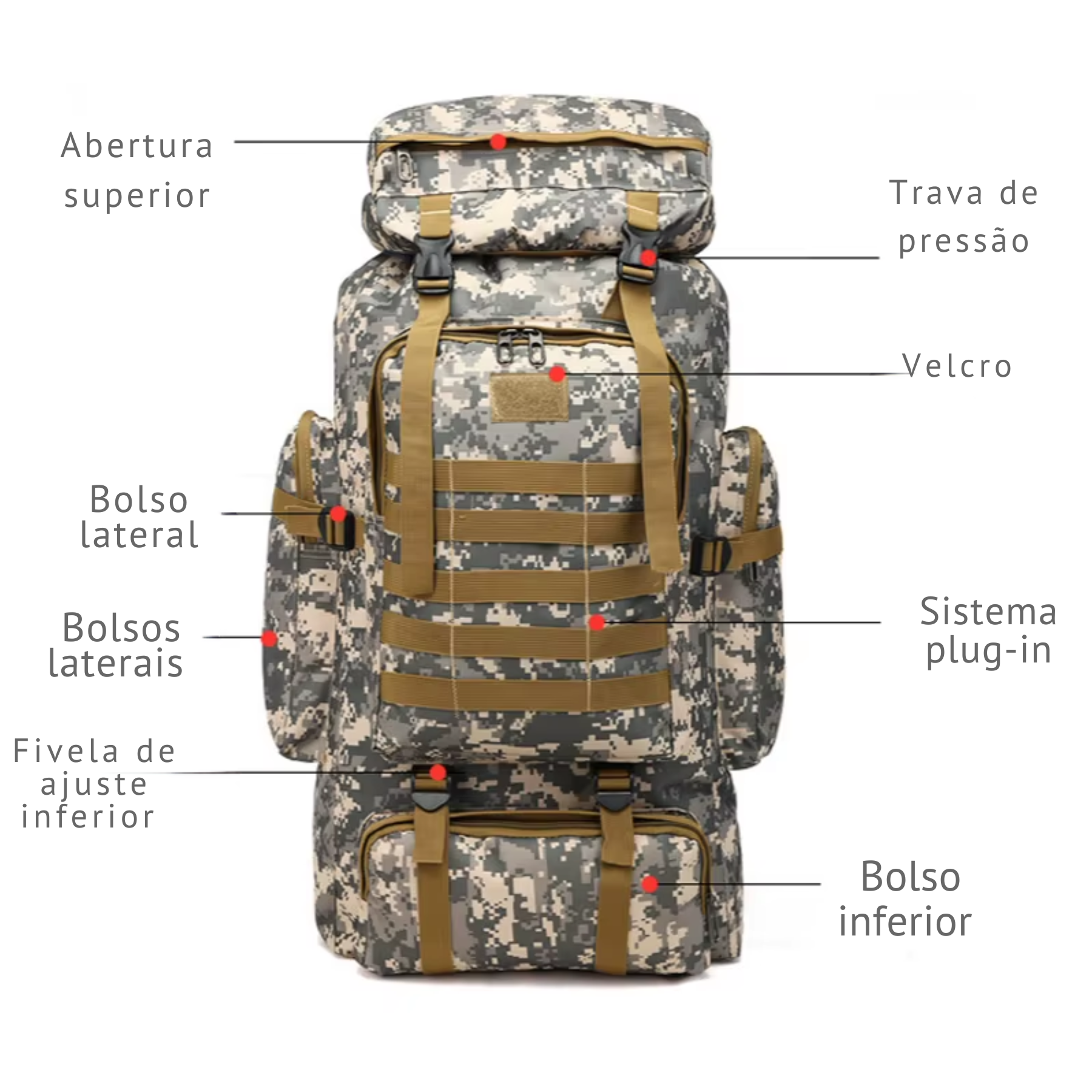 Mochila TrekMaster pendurada mostrando design tático feminino/masculino