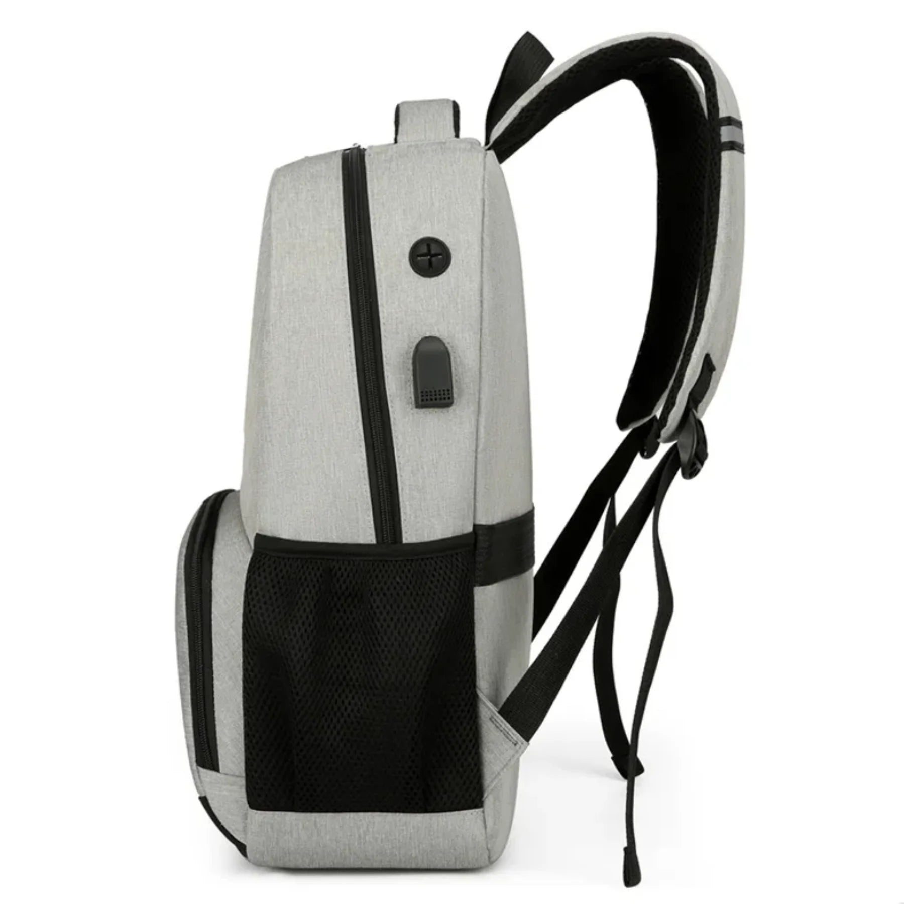 Entrada para fone de ouvido na mochila feminina cinza impermeável