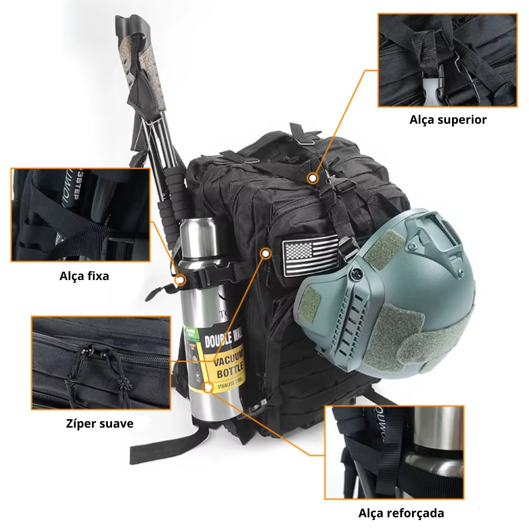 Mochila tática preta 50L com múltiplos bolsos de organização