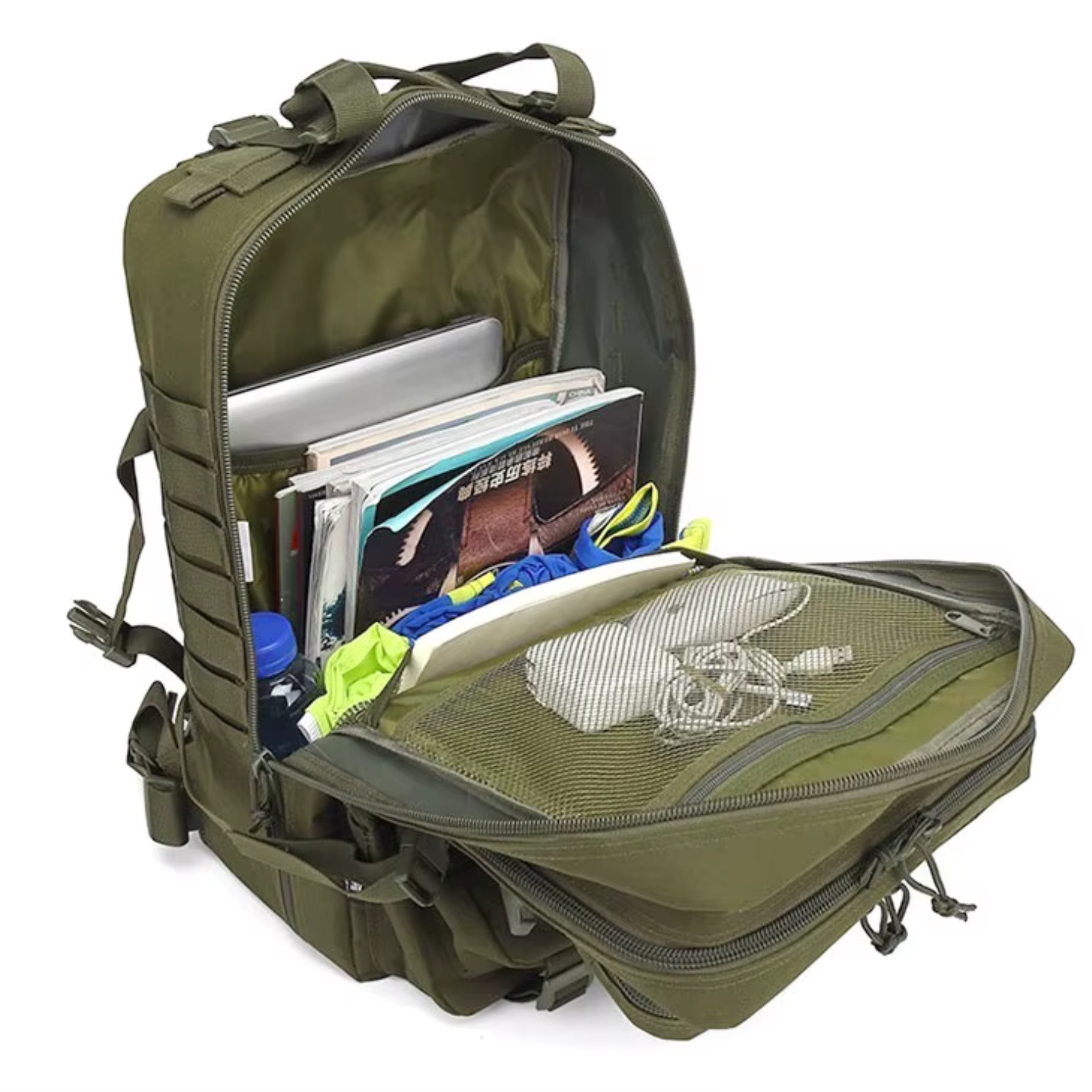 Mochila tática verde 50L com bolso frontal multifuncional para acesso rápido
