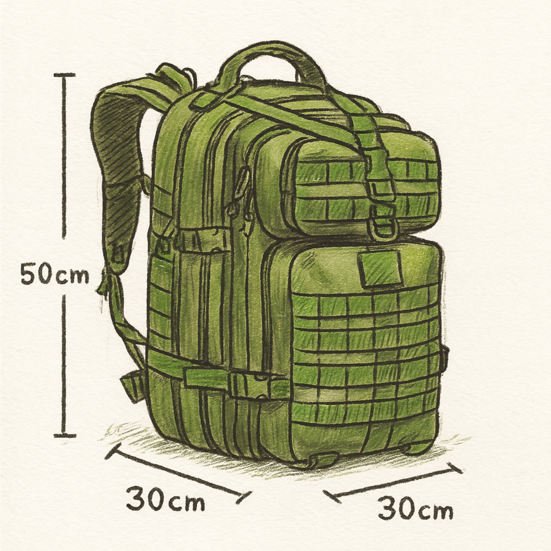Mochila tática verde 50L militar usada em trilha e camping ao ar livre