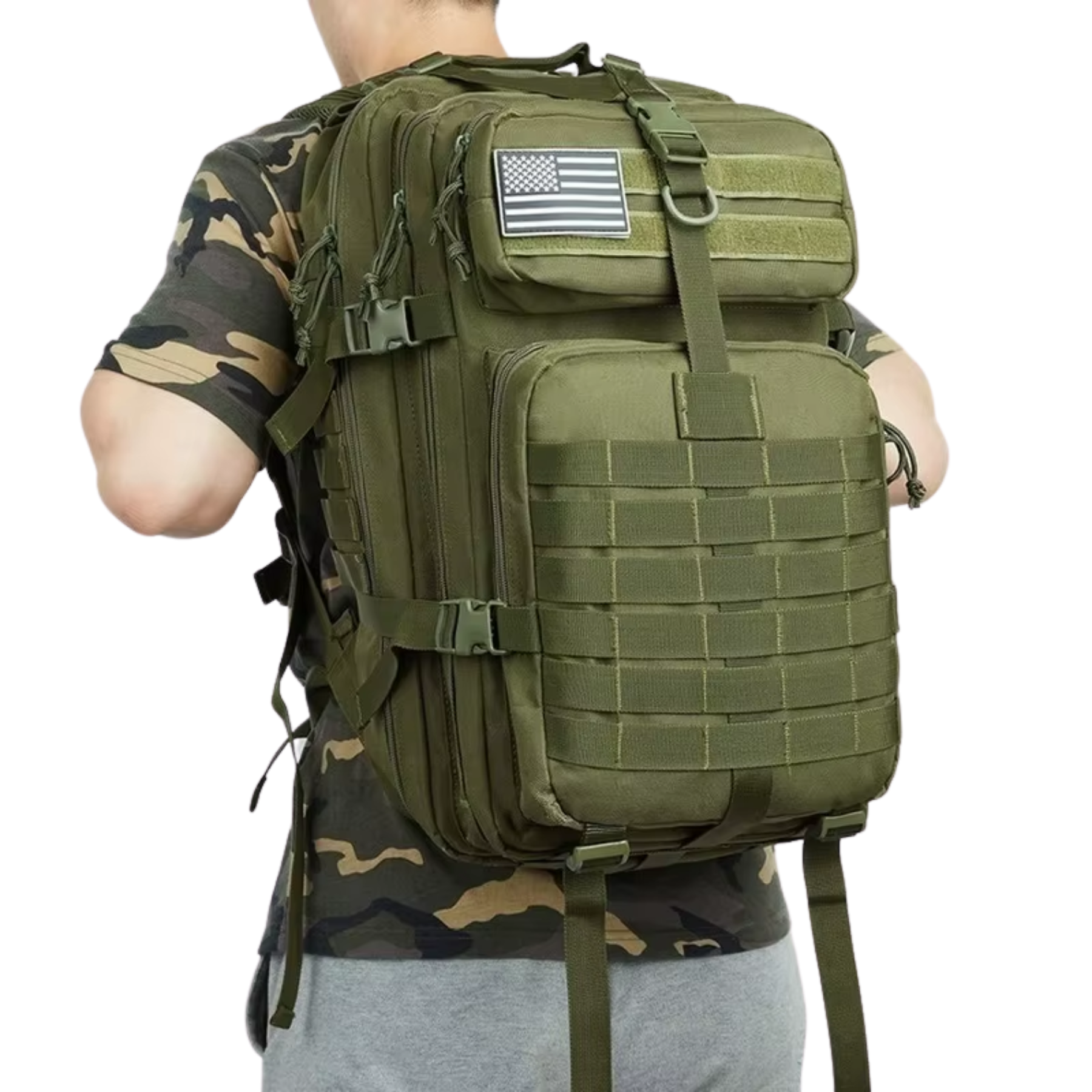 Mochila tática verde 50L com alças ergonômicas e sistema de ventilação traseira