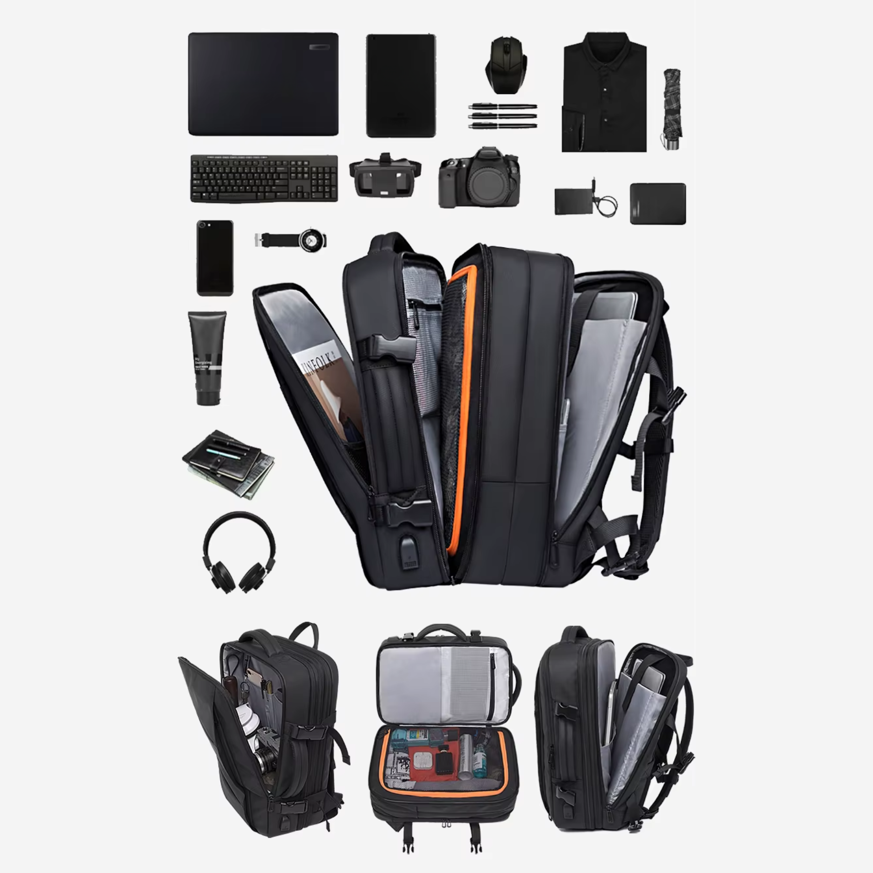 Mochila preta masculina TechVoyager Pro 45L sendo usada em viagem de avião