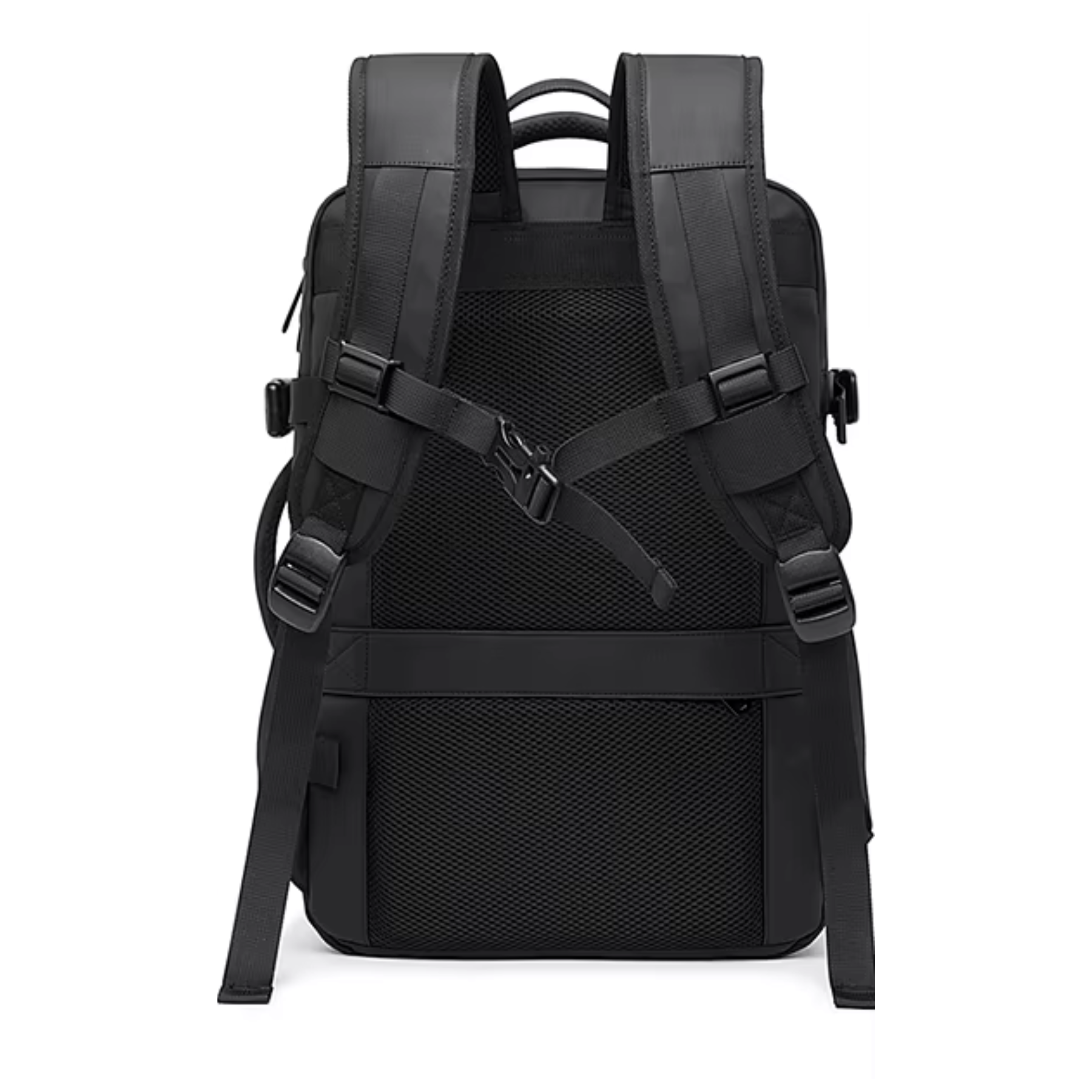 Interior da mochila TechVoyager Pro preta 45L com divisórias para roupas e acessórios