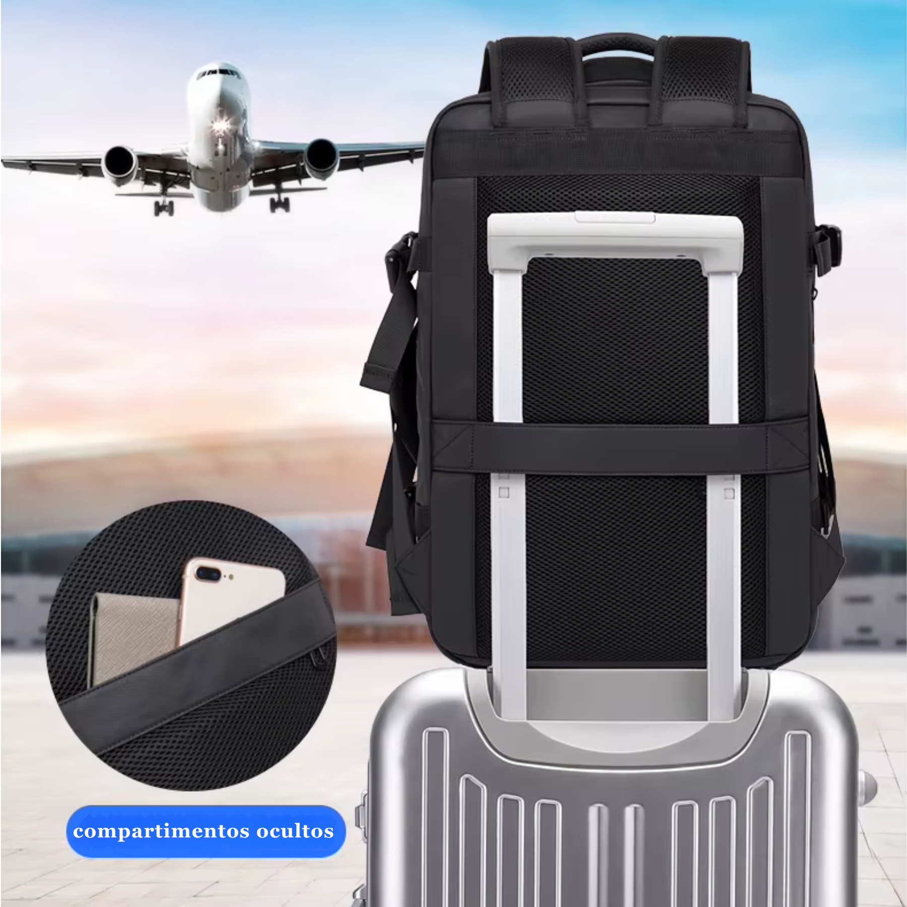 Homem usando mochila preta TechVoyager Pro 45L em viagem de negócios