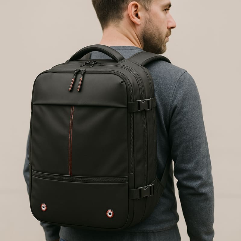 Mochila VacuumPack preta vista frontal acabamento premium