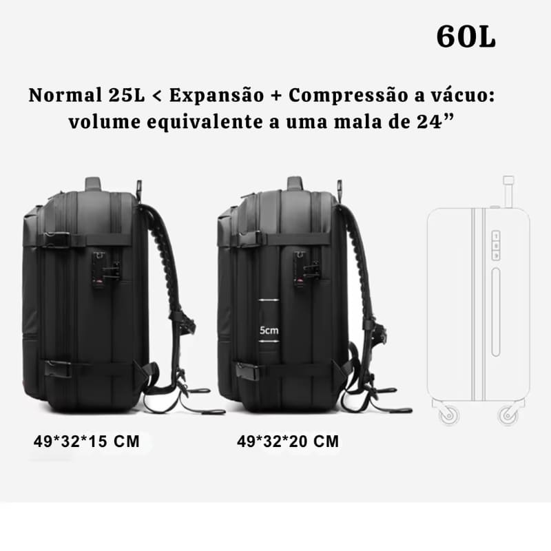 Mochila VacuumPack preta para trabalho aeroporto e rotina