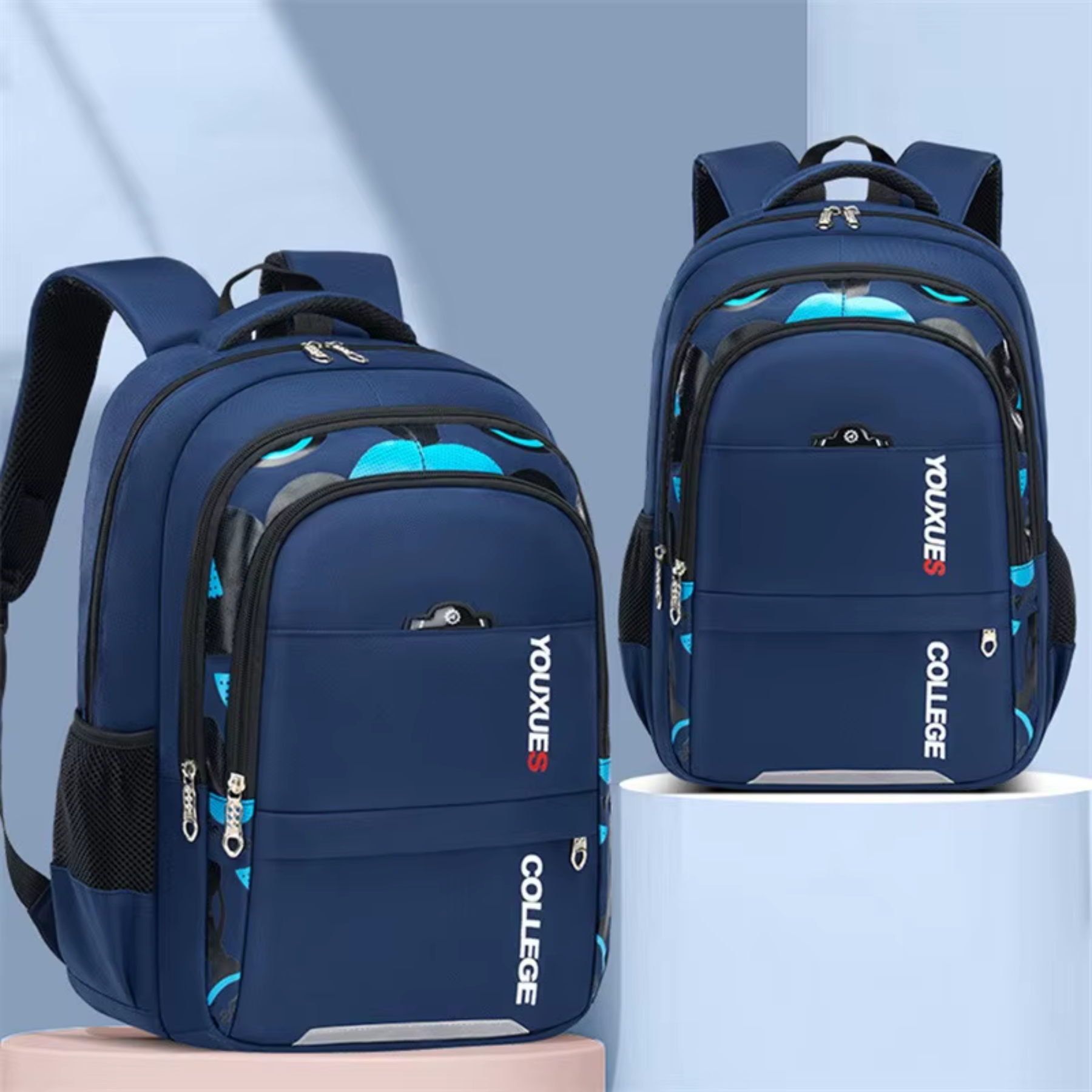 Mochila escolar azul grande com espaço para livros e cadernos