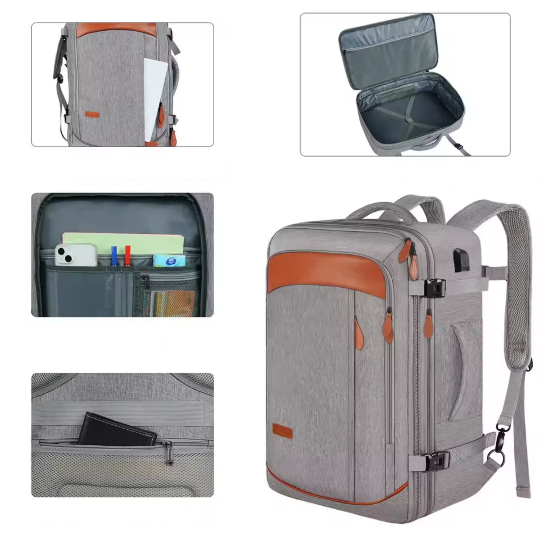 Mochila de viagem feminina cinza expansível com grande capacidade de armazenamento