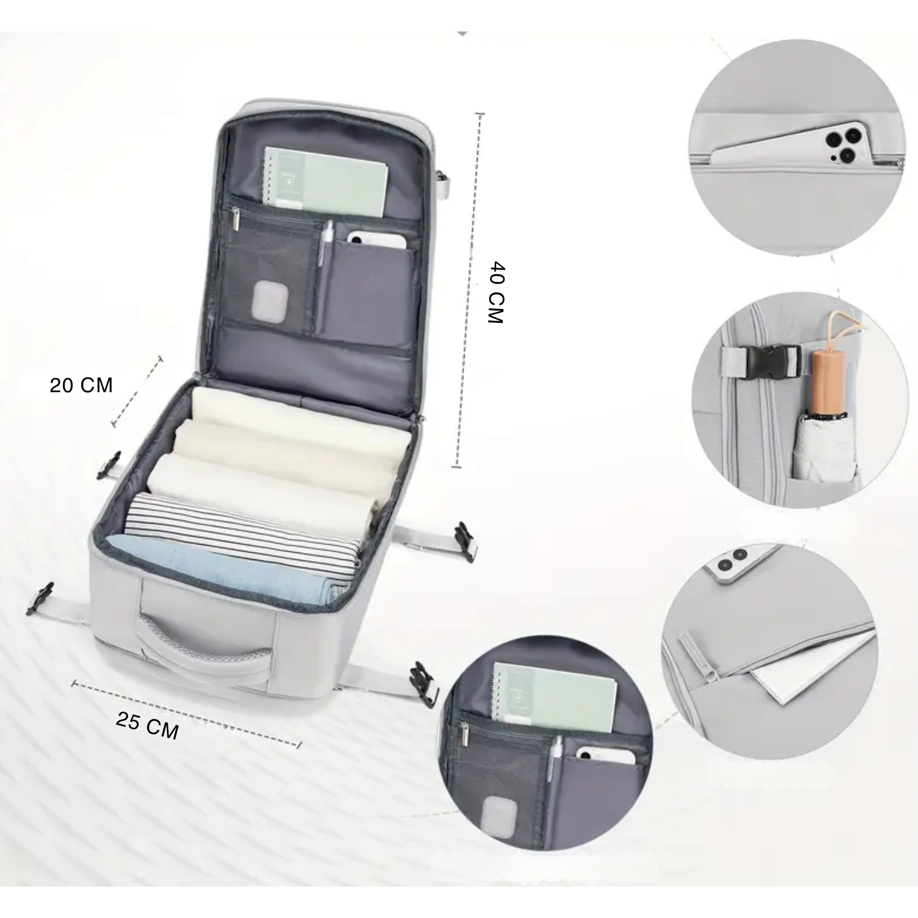 Necessaire rígida cinza com abertura 180° e bolso adicional para maquiagem e skincare.