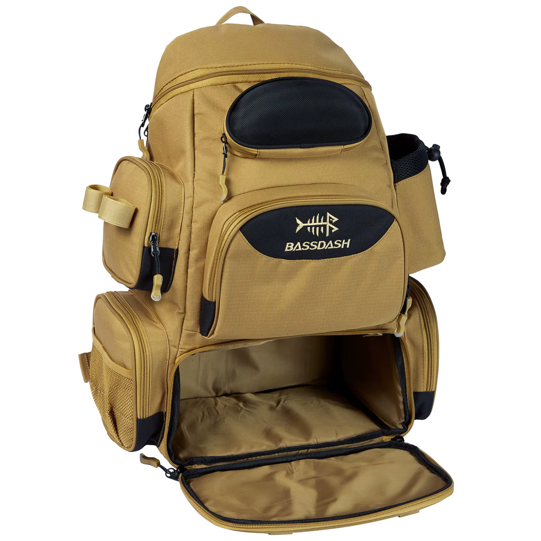 Vista lateral da mochila RiverTrek 55L bege mostrando bolsos amplos