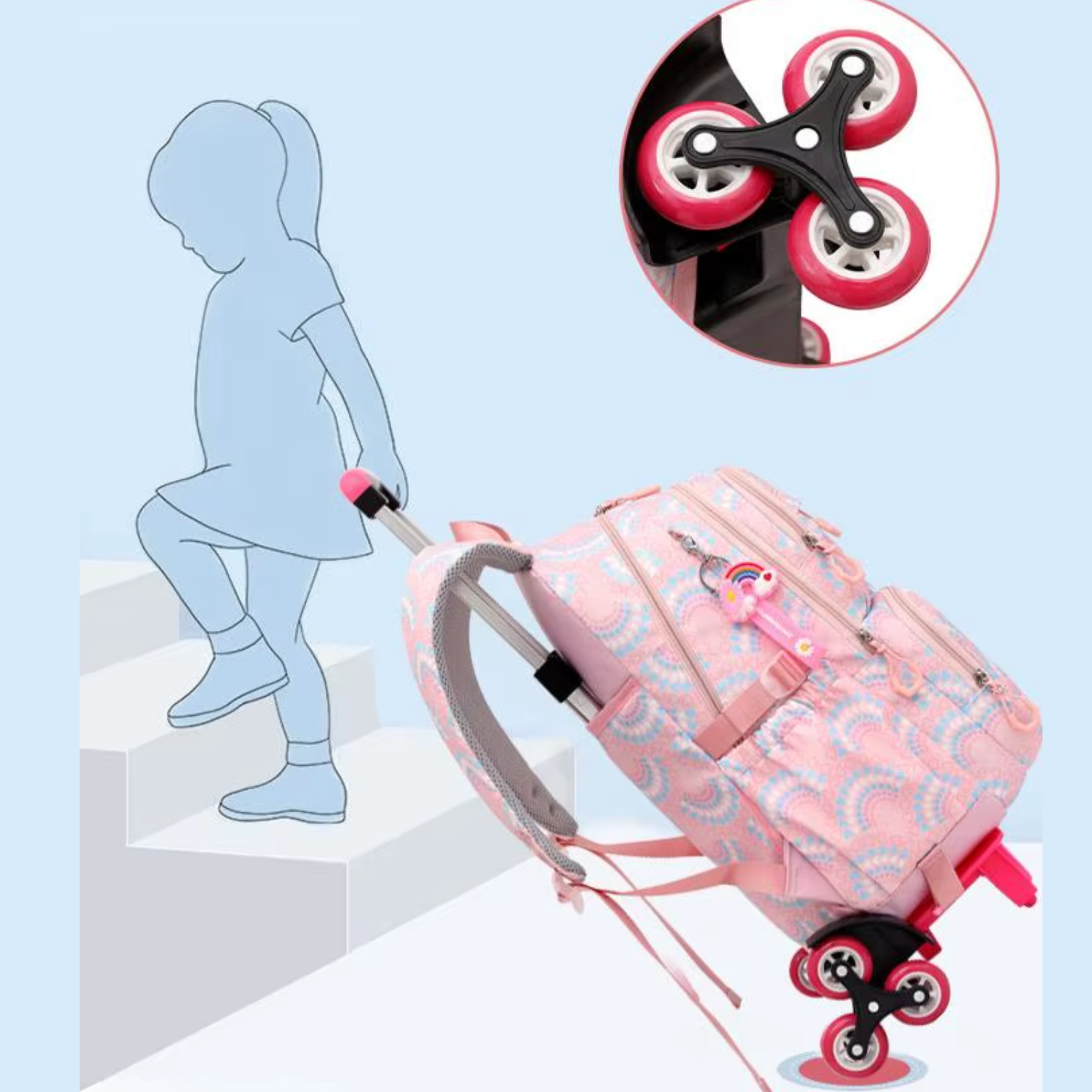 Mochila tri-wheel rolando sobre degrau e calçada